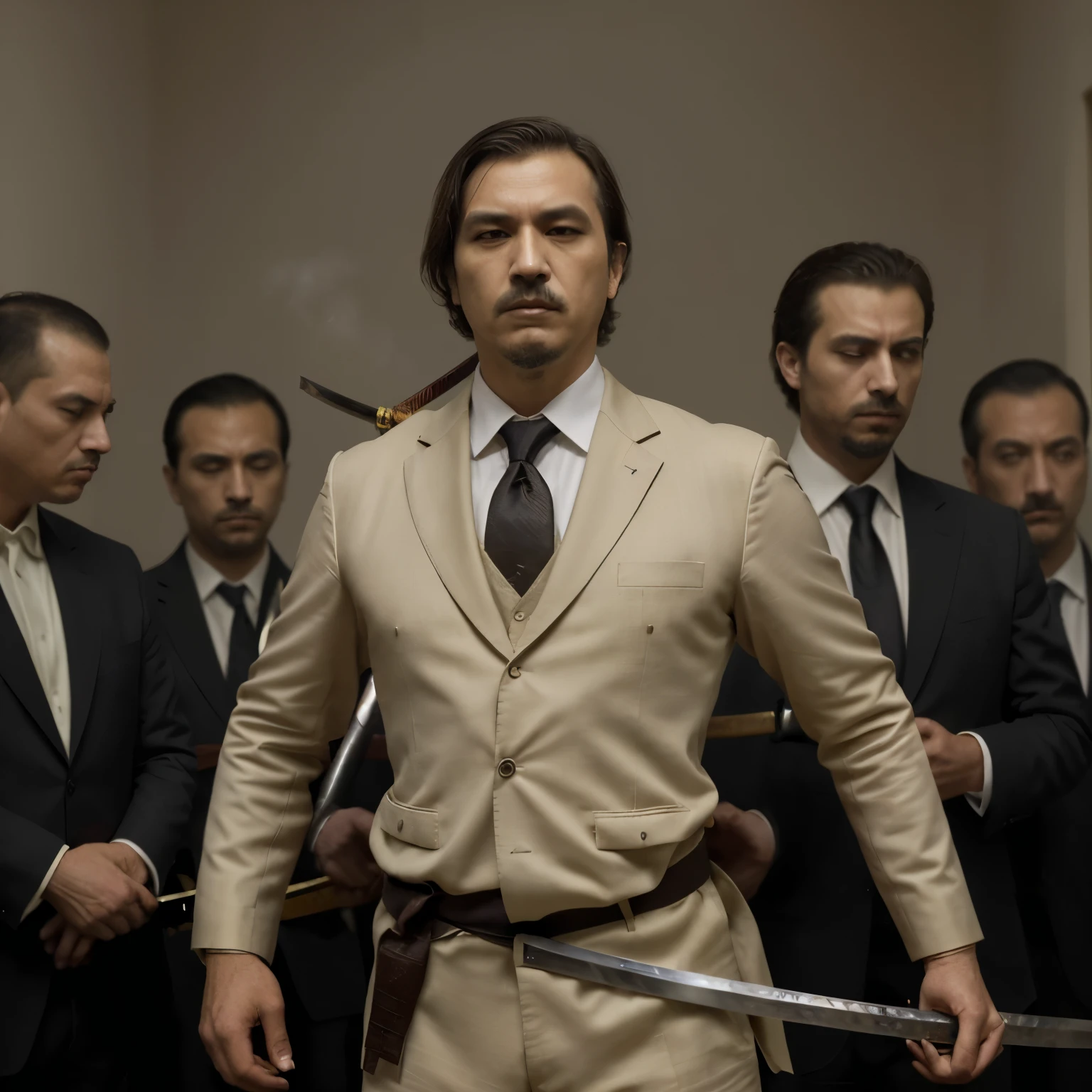 obra de arte, melhor qualidade um homem de terno fumando charuto, with a katana in hand, several men in suits with katana behind him