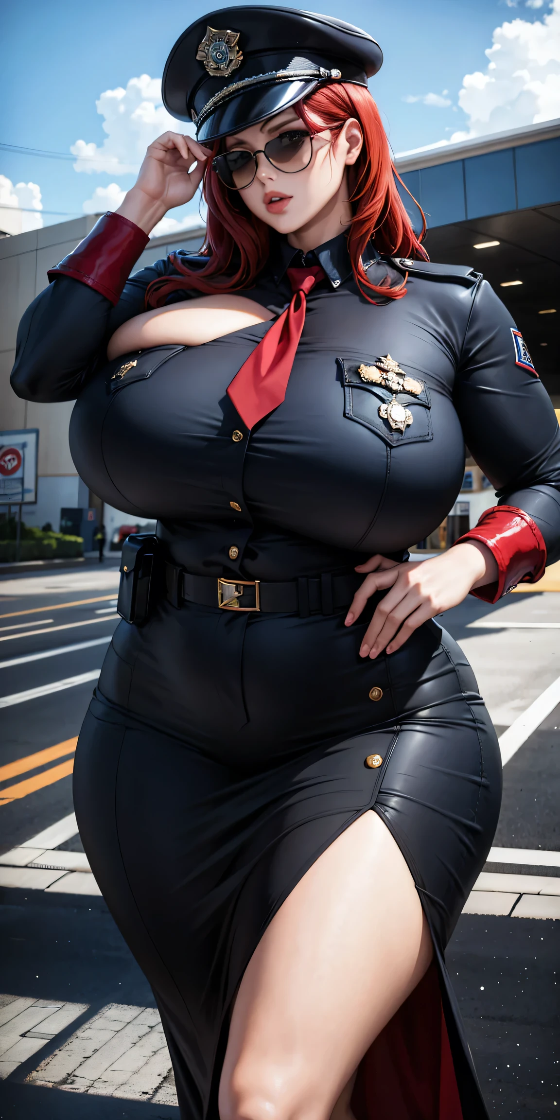 Police cap girl red hair long sunglasses police uniform super model beautiful face, huge , wide hips, long sexy le tall
