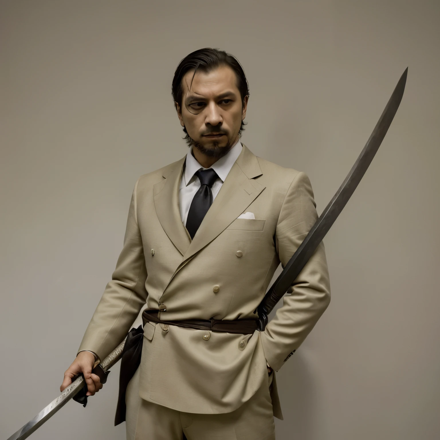 obra de arte, melhor qualidade um homem de terno fumando charuto, with a katana in hand, several men in suits with katana behind him