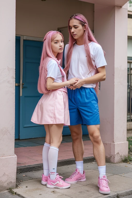 A wearing pink uniform, long pink hair, pink shoe and blue bag with her boyfriend putting on pink uniform also with long pink hair and white shoe and blue bag going to school and gisting 