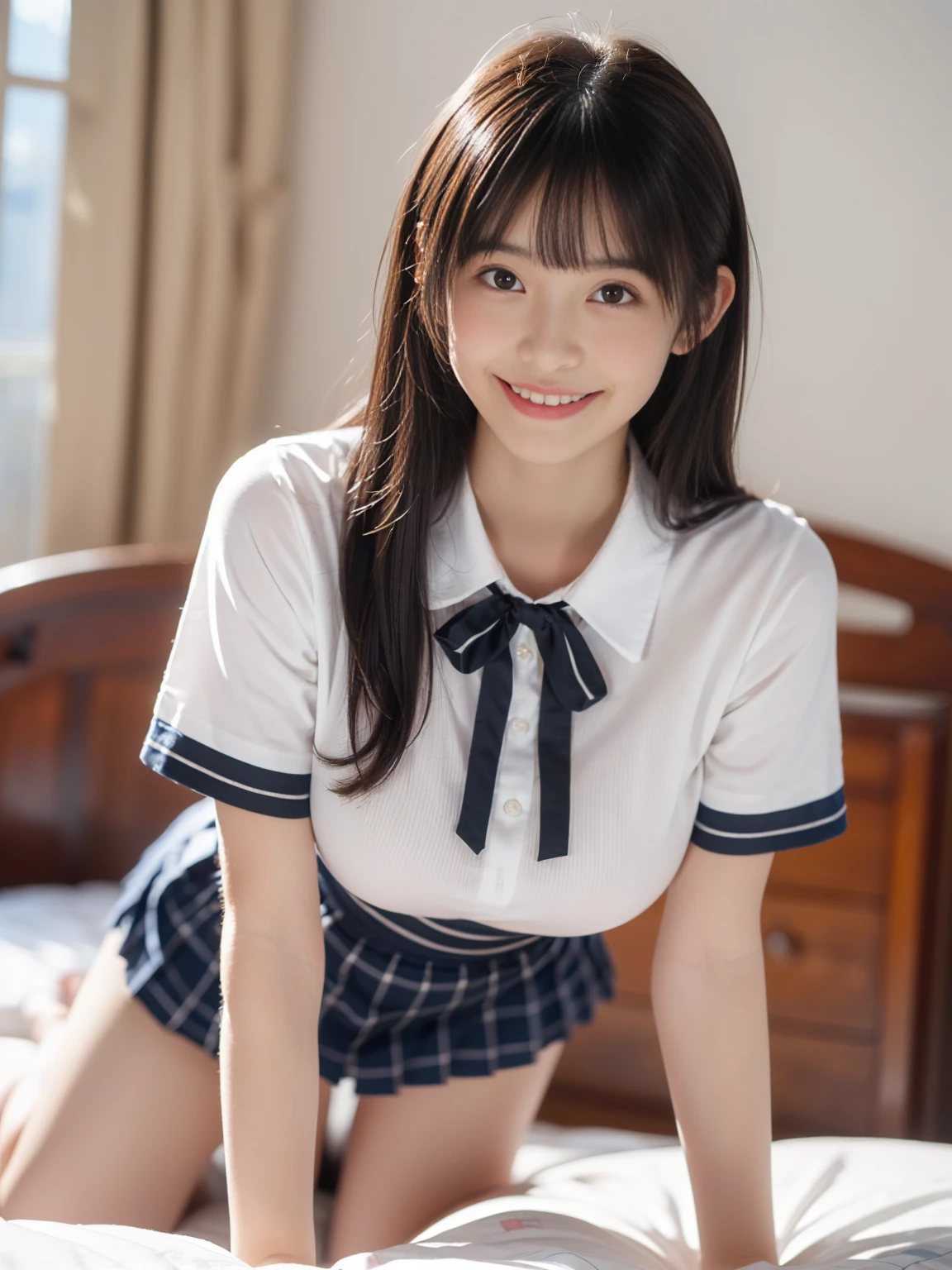 (masterpiece, realistic, photo-realistic:1.2), finely detail, ultra high res, perfect anatomy, best quality, 8K, soft focus, upper body shot, (happy smile:1.3), (1girl, yo Japanese girl, height 1.5meters:1.2), (school-uniform, short sleeve shirts with neck ribbon, mini skirt with checked patterns, elaborated clothes:1.2), (seductively posing on all fours on a bed, looking up flirtatiously, focus on breasts:1.2), (black straight hair, middle length hair, blunt bangs:1.2), beautiful detailed face and big eyes, (white and smooth skin, glowing fair skin:1.3), (pointed huge breasts, gigantic breasts:1.3), (bloom, detailed background, beautiful luxury bedroom, superb view:1.2),