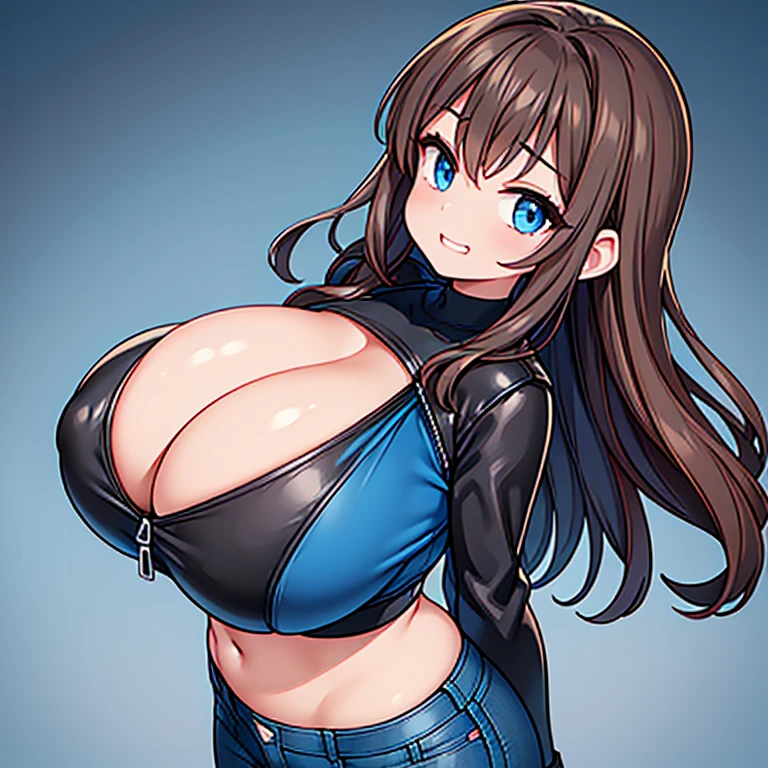 A Gorgeous Curvy Girl, Excessively Huge Breasted, Enormous Butt, Overwhelmingly Large Breasts, (Lush, Long Dark-Brown Hair), Big Beautiful Blue Eyes, (worn Black-Leather-Jacket), ((Dark-Blue Spandex Crop top)), and (heavily worn Jeans), close-up shot, with a slightly seductive expression, and a soft grin, big cleavage,