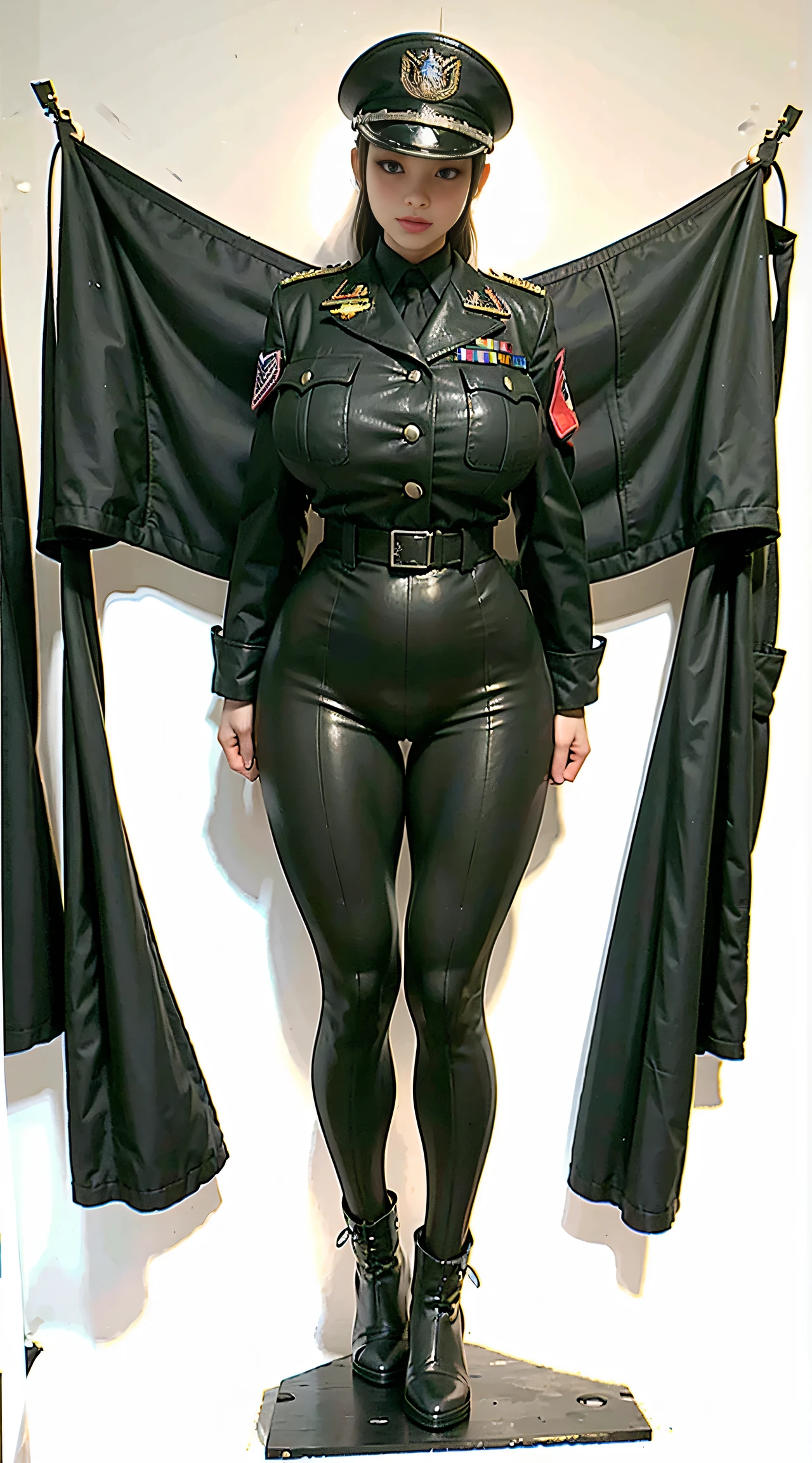 physically-based rendering, 1girl, Female soldier, (huge fake breasts:1.2), sexy muscular body, slim waist, big buttocks, (Full body:1.5), skintight army suit, black military uniform, , huge breasts, wide hips, long sexy legs, tall