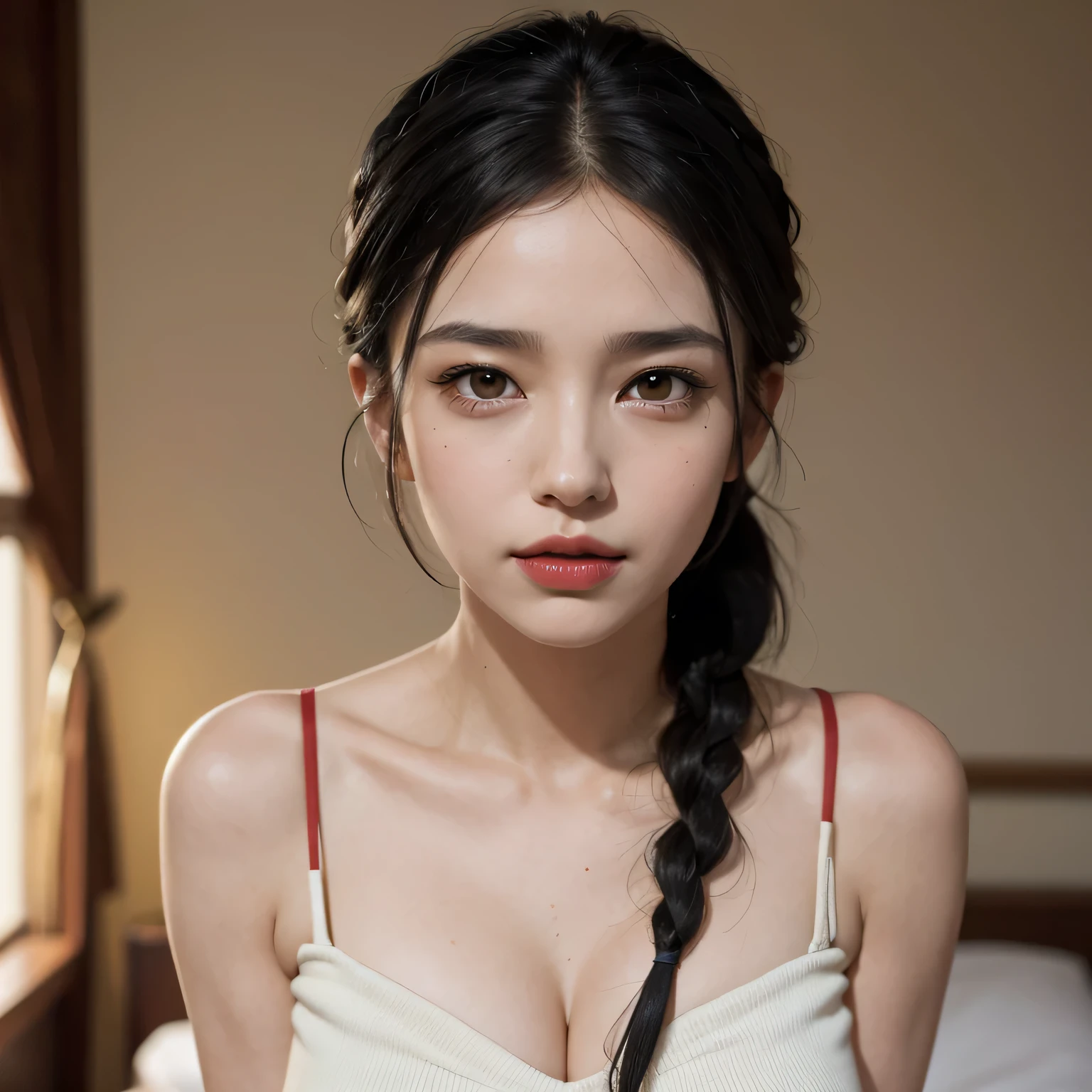Amazing portrait of a sexy and cute woman who is a MILF and a neighbour with her black hair tied in a braid and her sexy eyes in a seductive gaze and her red lips are parted while blushing intensely showcasing her long neck and bare shoulders having a medium chest with cleavage giving a sexually aroused and a lustful expression in a bedroom and she's lying on a bed