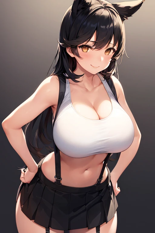 ((1girl)), perfect face, atago, black hair, long hair, brown eyes, animal ears, ((dark background)), ((facing forward)), cowboy shot, lustful smile, in the center, ((giant breasts)), ((bending forward)), ((hands on hips)), perfect hands, correct number of fingers, ((white sports bra, black skirt, black suspenders)),