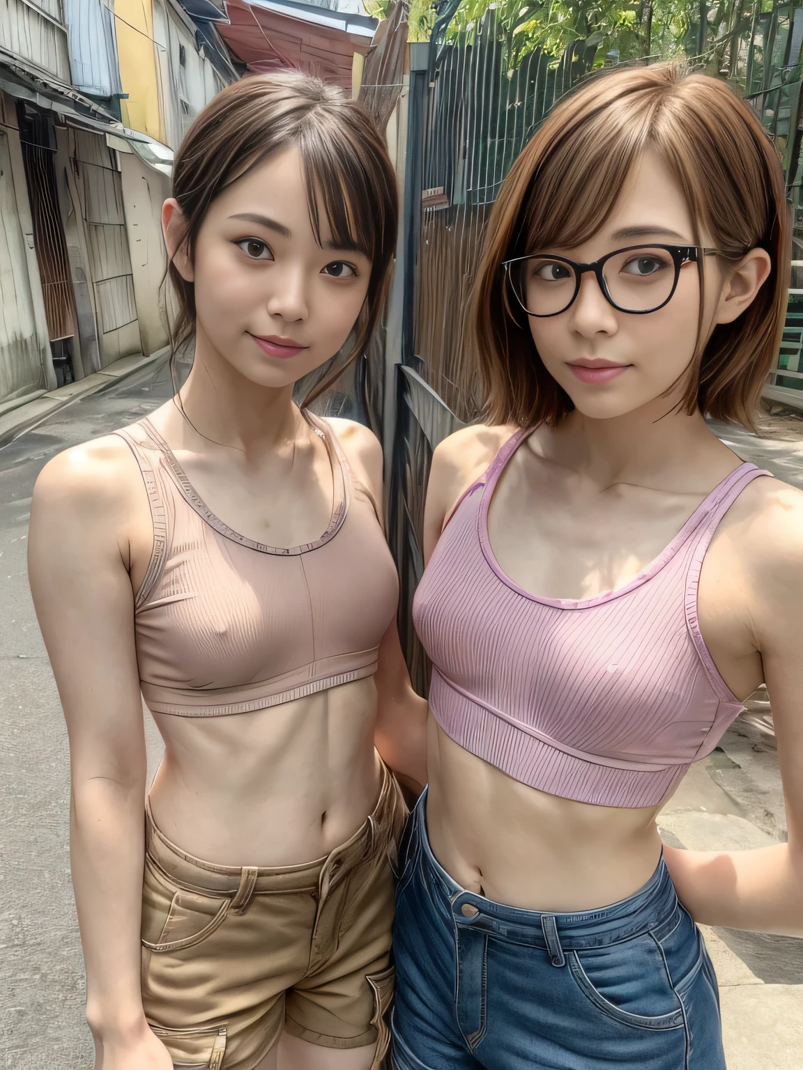masterpiece、8K、32K、top-quality、(A detailed eye)、(A cute Japanese woman)、23years old、(2 girls in:1.4)、elegent、(Detailed background depiction),(pastel Sportsbra:1.2), BREAK (cargo shorts:1.3)、Japan alley、is standing、Sunlight、during daytime、(smile:1.2)、(cowboy shot),(braless:1.3),(slender body:1.5),(Brown short wavy pixie hair over one eye:1.3),cleavage,Glasses