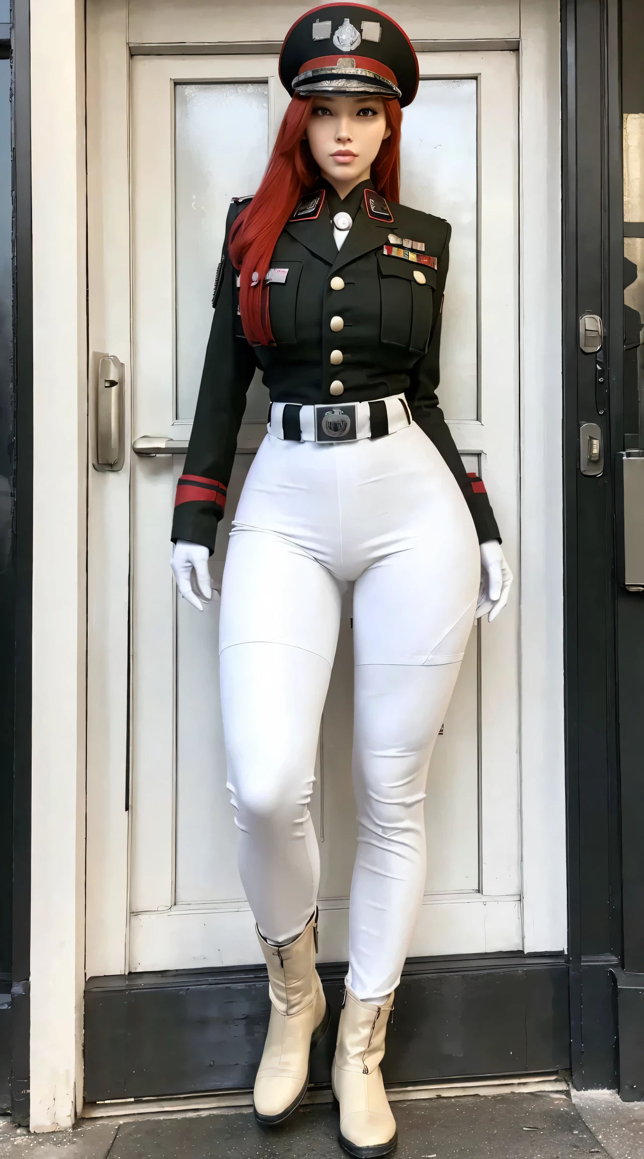 physically-based rendering, 1girl, Female soldier, (red hair), (huge fake breasts:1.2), (street city), sexy muscular body, slim waist, big buttocks, (Full body:1.3), standing, skintight army pants white:1.2, (white:1.5 military uniform:1.5), huge breasts, wide hips, long sexy legs, tall