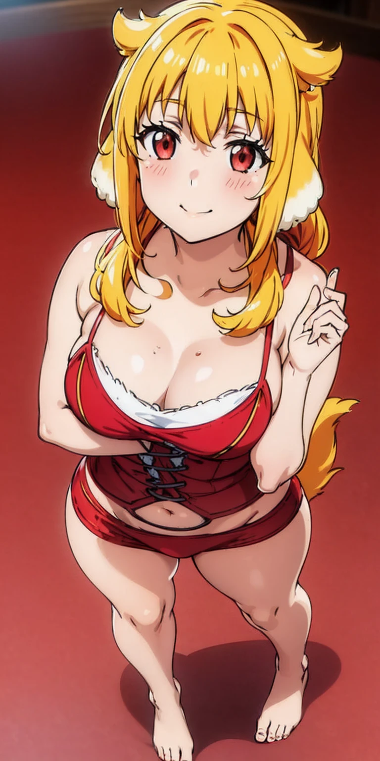 Roxanne Demin kin 1girl, solo, medium breasts, body position: standing, straight, symmetrical, barefoot, lustful smile on face with red blush, fluffy ears, dog ears, blonde hair