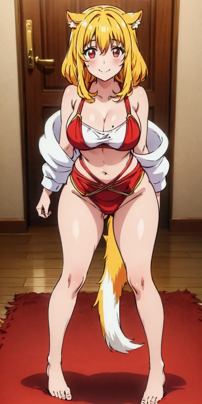 Roxanne Demin kin 1girl, solo, medium breasts, body position: standing, straight, symmetrical, barefoot, lustful smile on face with red blush, fluffy ears, dog ears, blonde hair