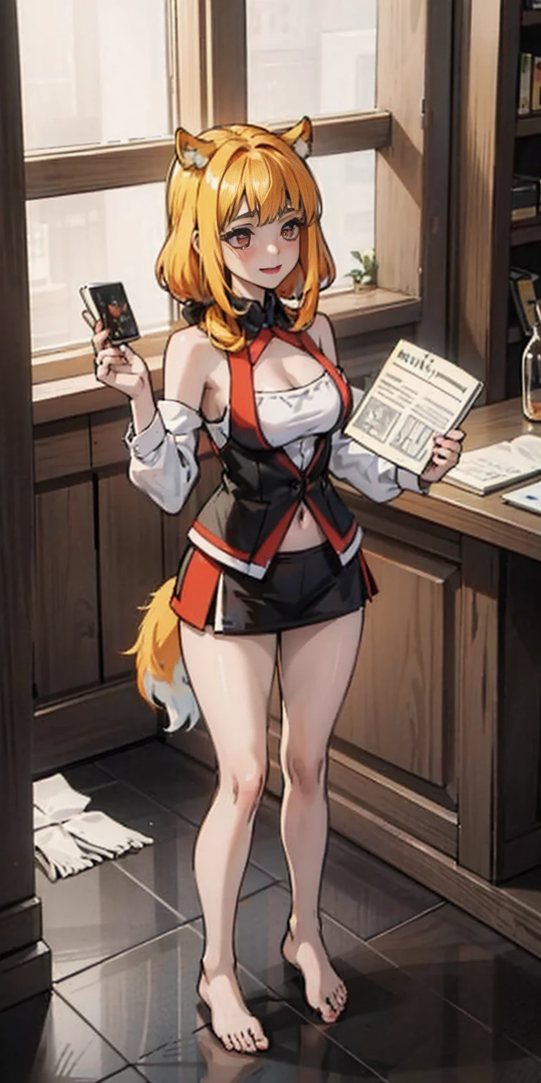 Roxanne Demin kin 1girl, solo, medium breasts, body position: standing, straight, symmetrical, barefoot, lustful smile on face with red blush, fluffy ears, dog ears, blonde hair