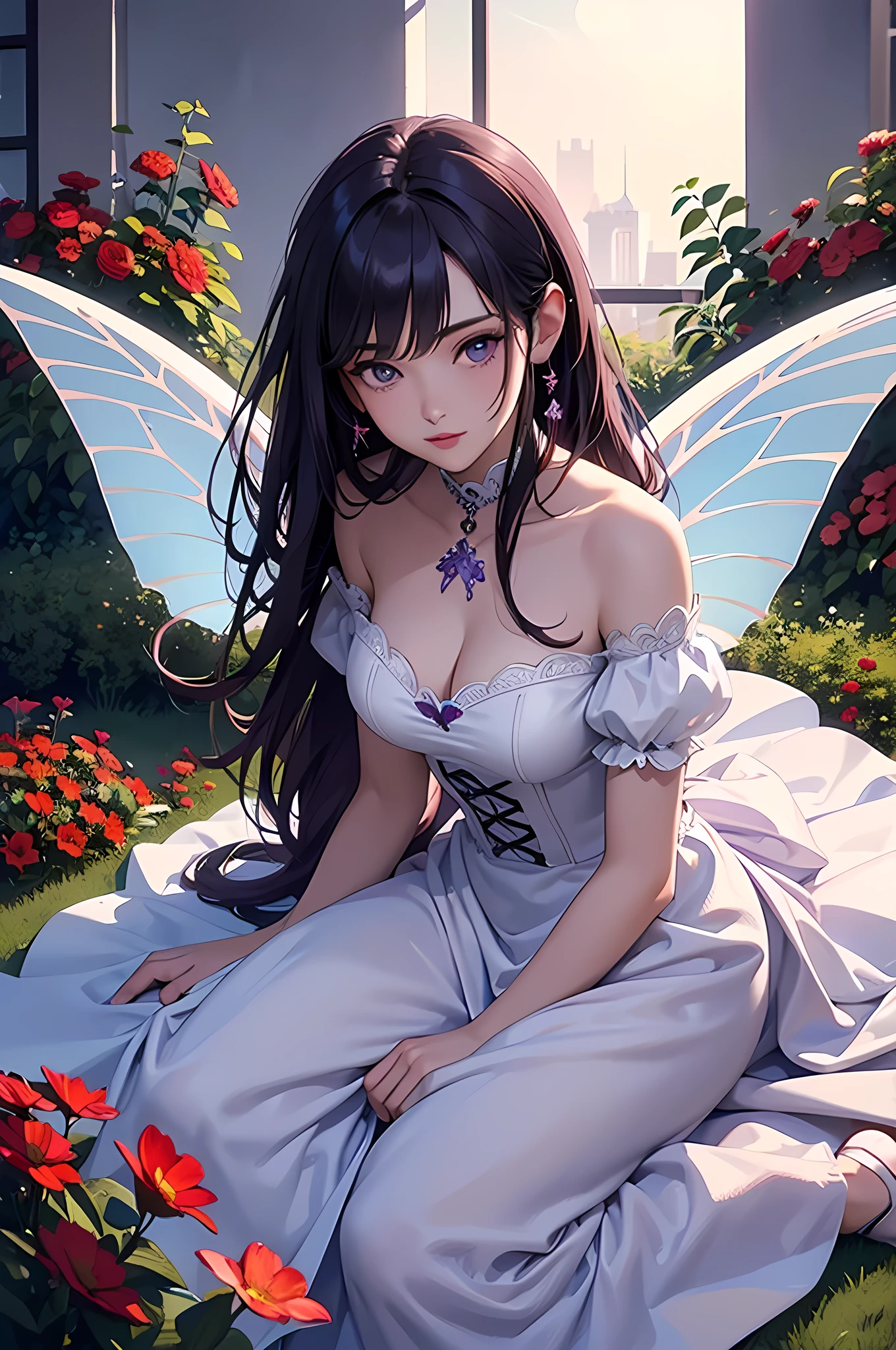 high details, best quality, 16k, RAW, [best detailed], masterpiece, best quality, (extremely detailed), full body, ultra wide shot, photorealistic, dark fantasy art, goth art, RPG art, D&D art, a picture of a dark female fairy resting in a flower meadow, extremely beautiful fairy, ultra feminine (intense details, Masterpiece, best quality), best detailed face (intense details, Masterpiece, best quality), having wide butterfly wings butterfly_wings, spread butterfly wings (intense details, Masterpiece, best quality: 1.3), (purple: 1.5) colors wings (intense details, Masterpiece, best quality), (dark red) hair, long hair, shinning hair, flowing hair, shy smile, innocent smile, (blue: 1.3) eyes, dark blue lips, wearing (white: 1.3) dress latex corset (intense details, Masterpiece, best quality), dynamic elegant shirt, chocker, wearing (red: 1.3) high heels, in various shades of red colored flower meadow (intense details, Masterpiece, best quality), (red flowers: 1.2) , (black flowers: 1.2), (white flowers: 1.2), (blue flowers: 1.3) [extreme many flowers] (intense details, Masterpiece, best quality), dark colorful flowers (intense details, Masterpiece, best quality), flower meadow in a dark goth field background, night time, moon rising, dim light, cinematic light, High Detail, Ultra High Quality, High Resolution, 16K Resolution, Ultra HD Pictures, 3D rendering Ultra Realistic, Clear Details, Realistic Detail, Ultra High Definition, #chinese cloth, dungeons and dragons, DonMDr4g0nXL