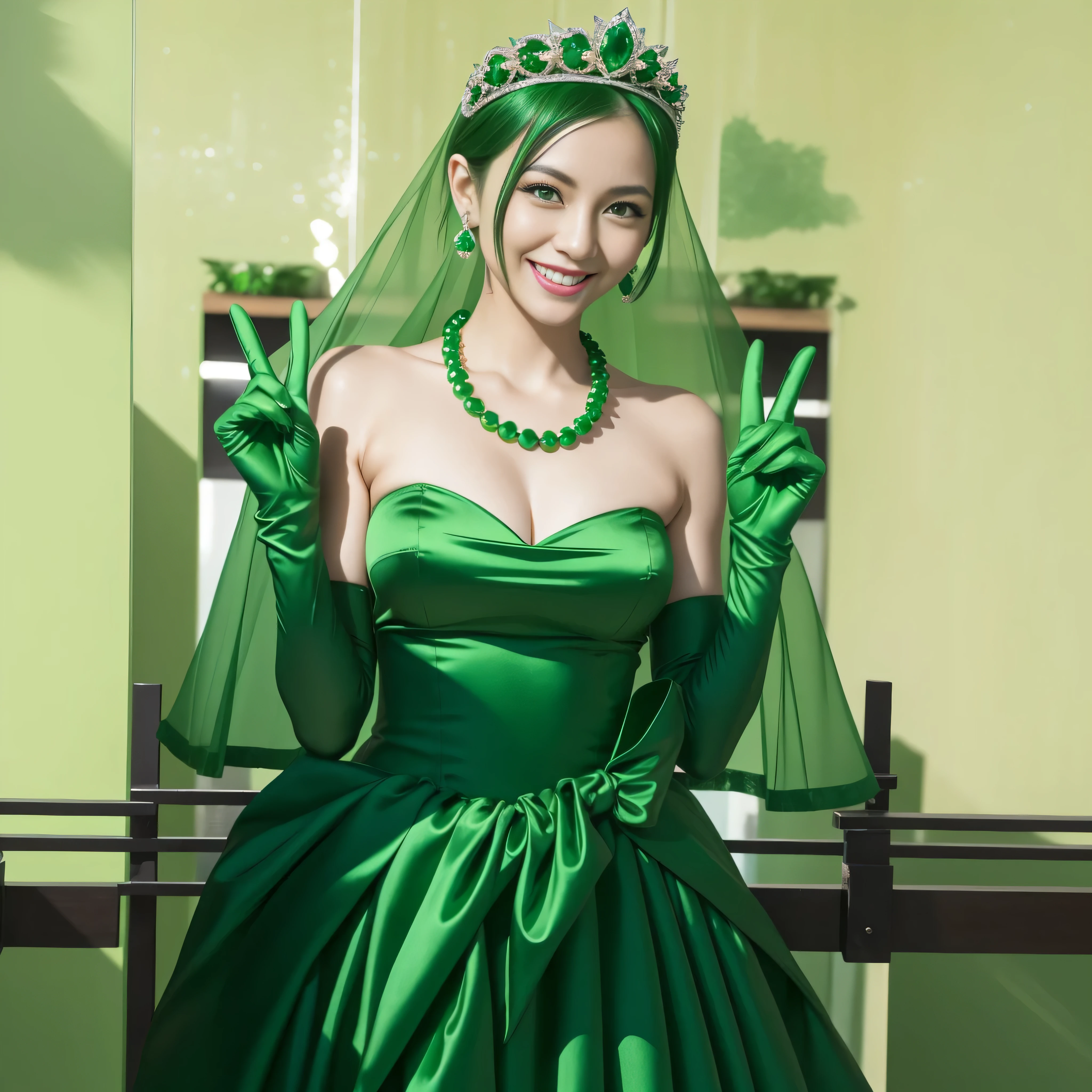 Emerald tiara, Green Pearl Necklace, Boyish very short green hair, lipstick, Smiling Japanese woman, Very short hair, beautiful, Green Eyes, Long green satin gloves, Green Eyes, v sign, Emerald Earrings, Green Veil