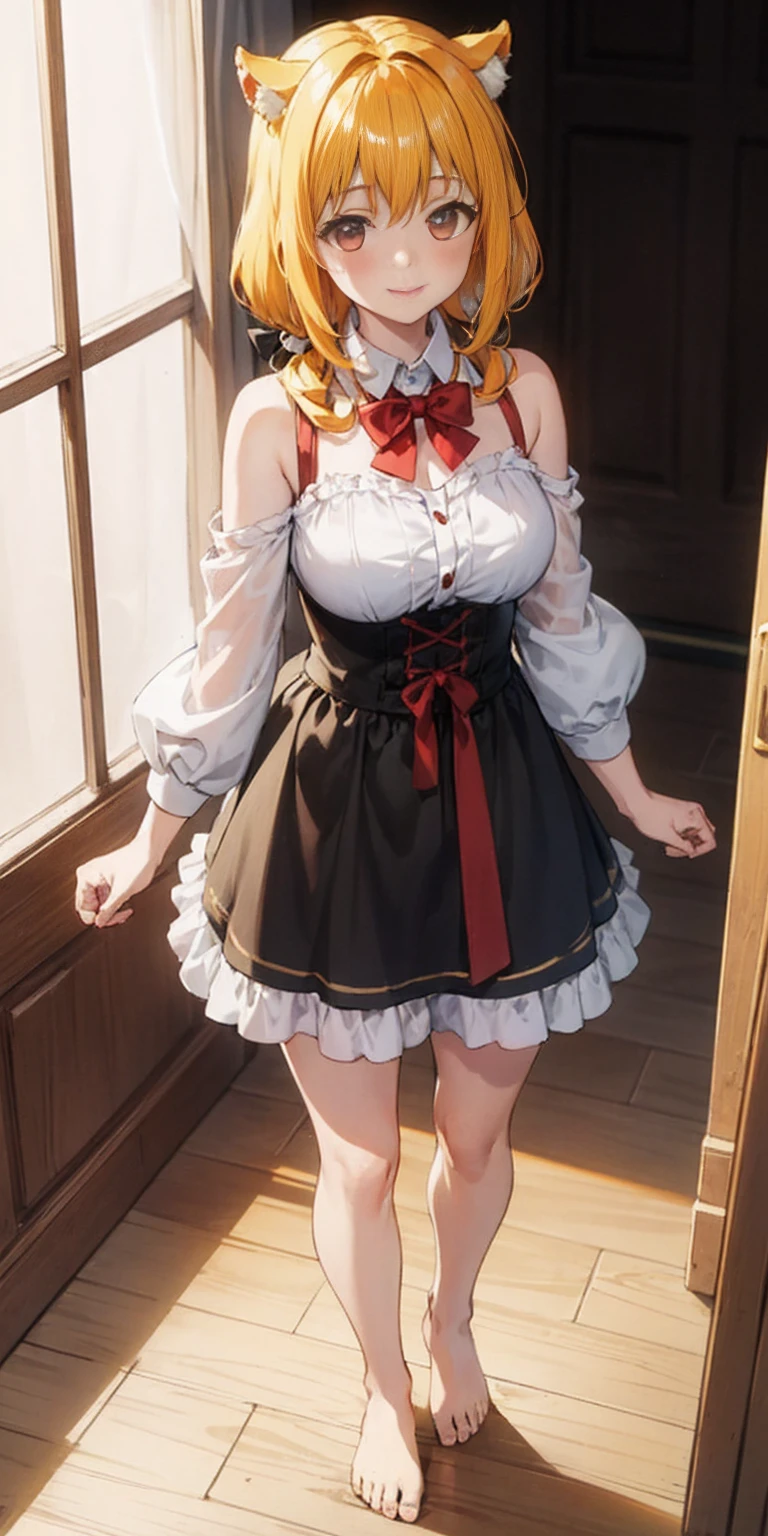 Roxanne Demin kin 1girl, solo, medium breasts, body position: standing, straight, symmetrical, barefoot, lustful smile on face with red blush, fluffy ears, dog ears, blonde hair