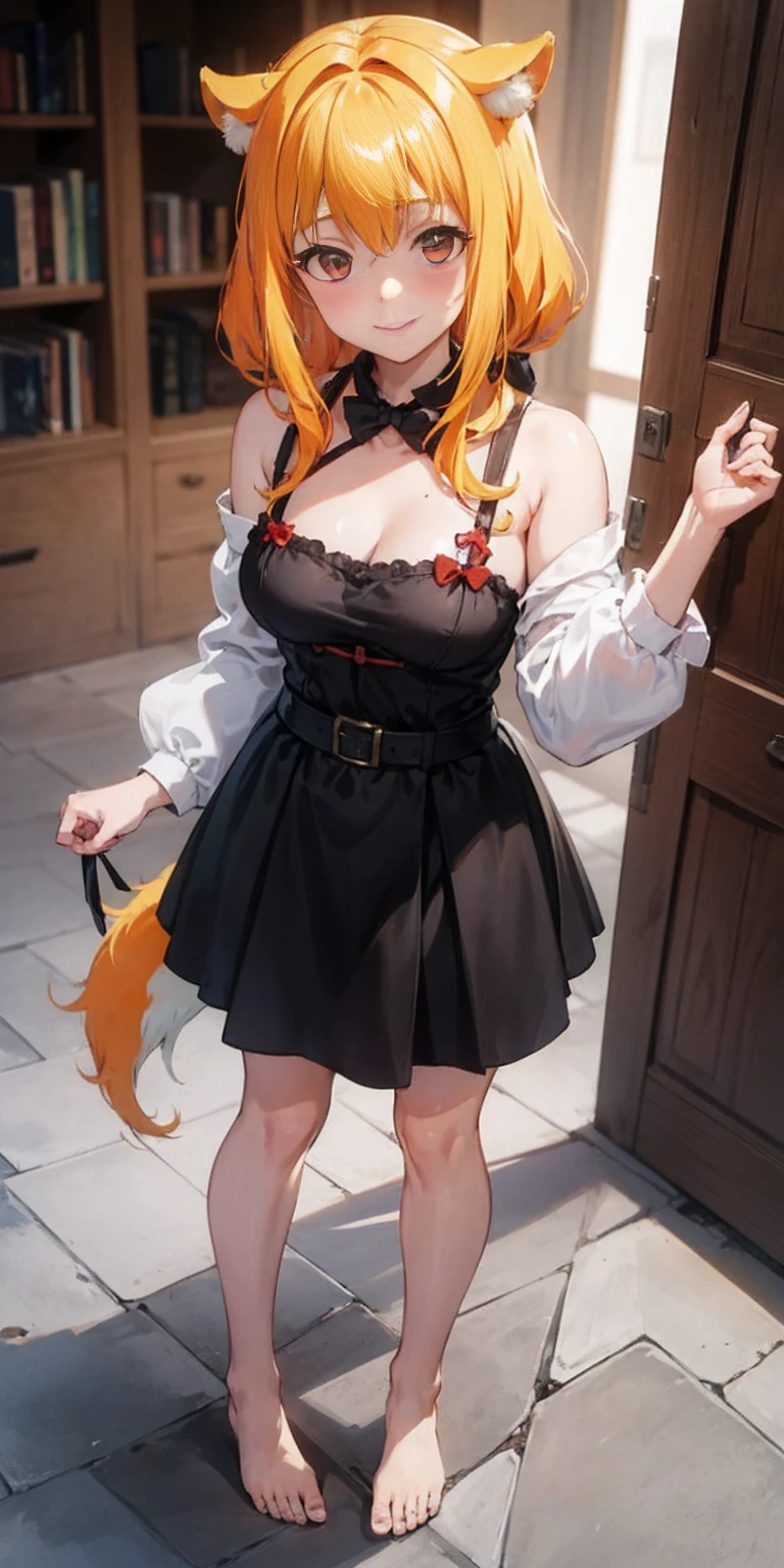 Roxanne Demin kin 1girl, solo, medium breasts, body position: standing, straight, symmetrical, barefoot, lustful smile on face with red blush, fluffy ears, dog ears, blonde hair