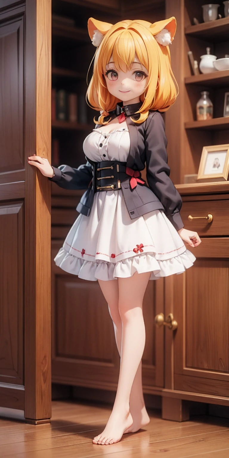 Roxanne Demin kin 1girl, solo, medium breasts, body position: standing, straight, symmetrical, barefoot, lustful smile on face with red blush, fluffy ears, dog ears, blonde hair