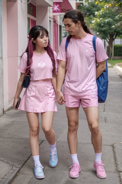 A wearing pink uniform, long pink hair, pink shoe and blue bag with her boyfriend putting on pink uniform also with black hair and white shoe and blue bag going to school and gisting
