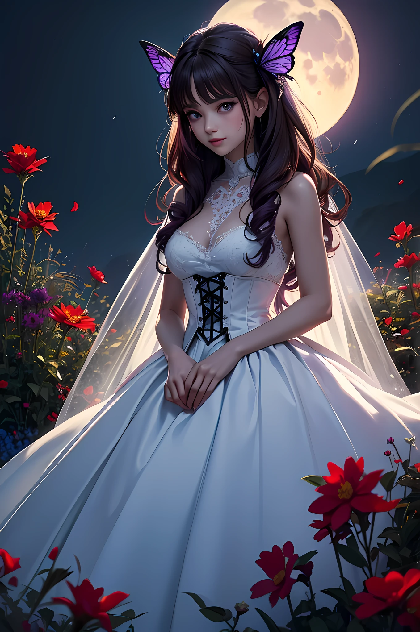 high details, best quality, 16k, RAW, [best detailed], masterpiece, best quality, (extremely detailed), full body, ultra wide shot, photorealistic, dark fantasy art, goth art, RPG art, D&D art, a picture of a dark female fairy resting in a flower meadow, extremely beautiful fairy, ultra feminine (intense details, Masterpiece, best quality), best detailed face (intense details, Masterpiece, best quality), having wide butterfly wings butterfly_wings, spread butterfly wings (intense details, Masterpiece, best quality: 1.3), (purple: 1.5) colors wings (intense details, Masterpiece, best quality), (dark red) hair, long hair, shinning hair, flowing hair, shy smile, innocent smile, (blue: 1.3) eyes, dark blue lips, wearing (white: 1.3) dress latex corset (intense details, Masterpiece, best quality), dynamic elegant shirt, chocker, wearing (red: 1.3) high heels, in various shades of red colored flower meadow (intense details, Masterpiece, best quality), (red flowers: 1.2) , (black flowers: 1.2), (white flowers: 1.2), (blue flowers: 1.3) [extreme many flowers] (intense details, Masterpiece, best quality), dark colorful flowers (intense details, Masterpiece, best quality), flower meadow in a dark goth field background, night time, moon rising, dim light, cinematic light, High Detail, Ultra High Quality, High Resolution, 16K Resolution, Ultra HD Pictures, 3D rendering Ultra Realistic, Clear Details, Realistic Detail, Ultra High Definition, #chinese cloth, dungeons and dragons, DonMDr4g0nXL