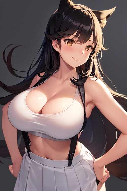 ((1girl)), perfect face, atago, black hair, long hair, brown eyes, animal ears, ((dark background)), ((facing forward)), cowboy shot, lustful smile, in the center, ((giant breasts)), ((bending forward)), ((hands on hips)), ((perfect hands, correct number of fingers)), ((white sports bra, black skirt, black suspenders)),