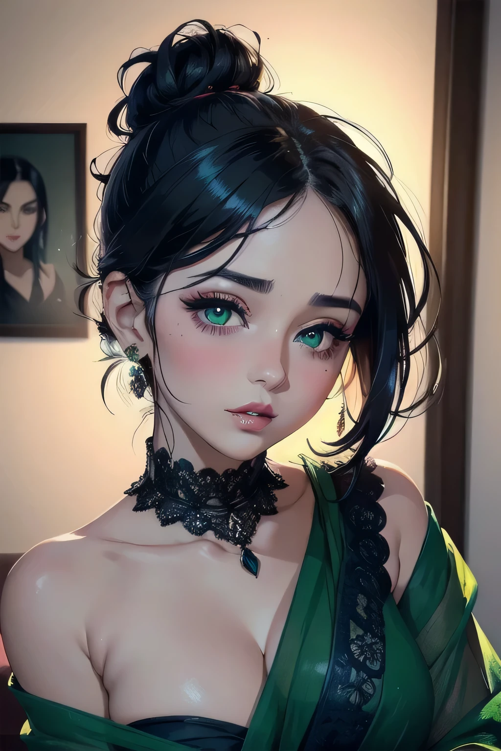 Amazing portrait of a sexy woman with s beautiful face and her black hair tied in a messy bun with amazing makeup while blushing intensely and she's flustered and lustful and her perfect lips are parted wearing a black blouse and a sheer dark green saree and she's hot