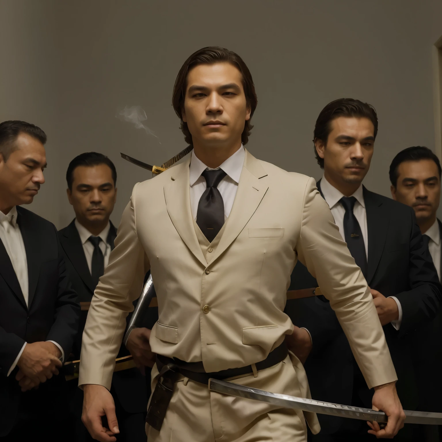 obra de arte, melhor qualidade um homem de terno fumando charuto, with a katana with detailed handle in realistic hand, several men in suits with katana behind him