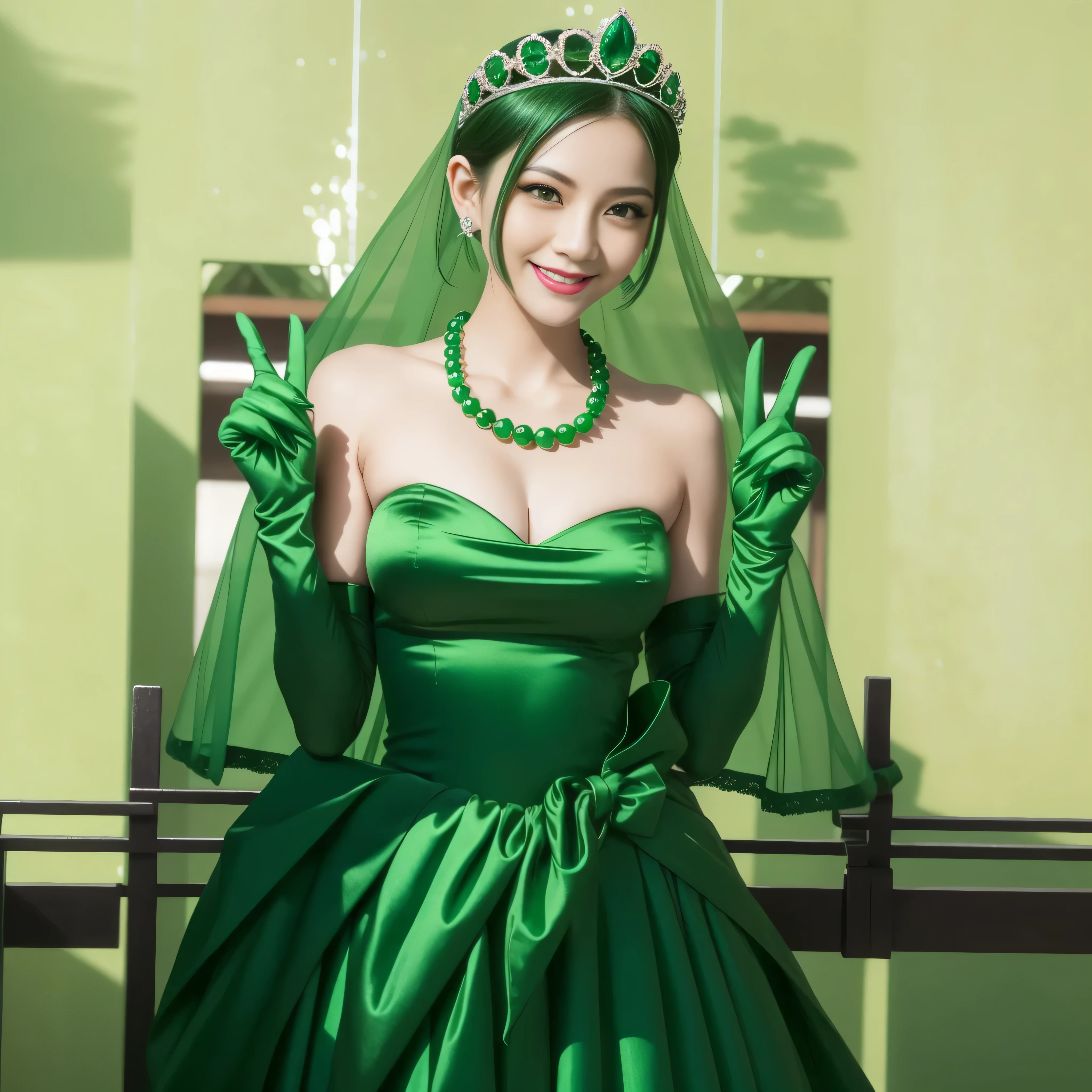 Emerald tiara, Green Pearl Necklace, Boyish very short green hair, lipstick, Smiling Japanese woman, Very short hair, Big tits beautiful, Green Eyes, Long green satin gloves, Green Eyes, v sign, Emerald Earrings, Green Veil