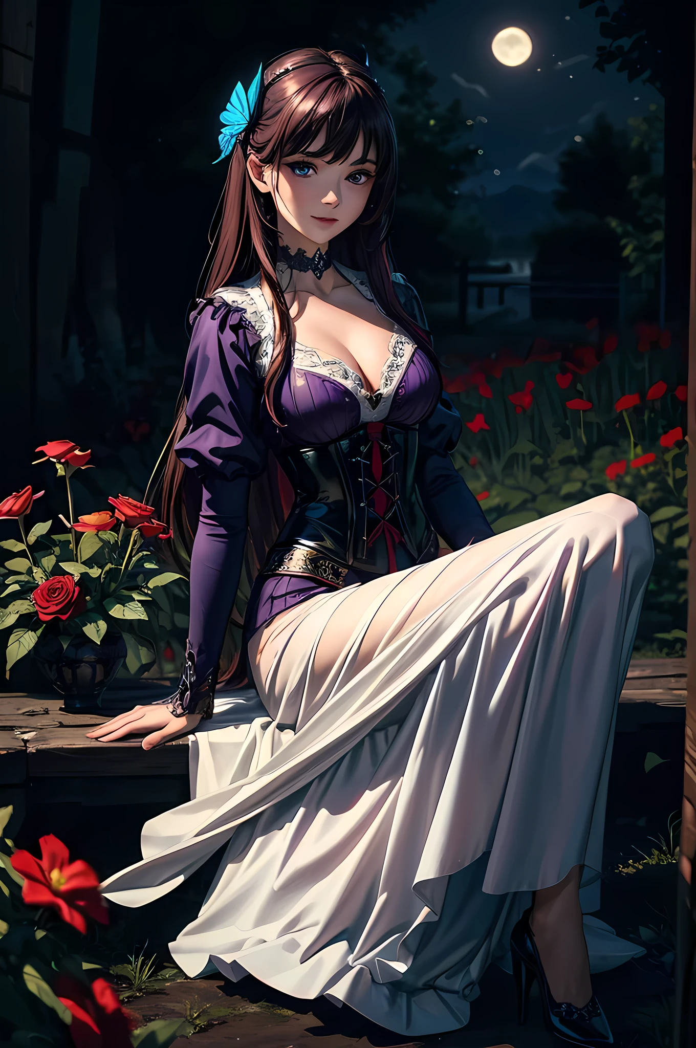 high details, best quality, 16k, RAW, [best detailed], masterpiece, best quality, (extremely detailed), full body, ultra wide shot, photorealistic, dark fantasy art, goth art, RPG art, D&D art, a picture of a dark female fairy resting in a flower meadow, extremely beautiful fairy, ultra feminine (intense details, Masterpiece, best quality), best detailed face (intense details, Masterpiece, best quality), having wide butterfly wings butterfly_wings, spread butterfly wings (intense details, Masterpiece, best quality: 1.3), (purple: 1.5) colors wings (intense details, Masterpiece, best quality), (dark red) hair, long hair, shinning hair, flowing hair, shy smile, innocent smile, (blue: 1.3) eyes, dark blue lips, wearing (white: 1.3) dress latex corset (intense details, Masterpiece, best quality), dynamic elegant shirt, chocker, wearing (red: 1.3) high heels, in various shades of red colored flower meadow (intense details, Masterpiece, best quality), (red flowers: 1.2) , (black flowers: 1.2), (white flowers: 1.2), (blue flowers: 1.3) [extreme many flowers] (intense details, Masterpiece, best quality), dark colorful flowers (intense details, Masterpiece, best quality), flower meadow in a dark goth field background, night time, moon rising, dim light, cinematic light, High Detail, Ultra High Quality, High Resolution, 16K Resolution, Ultra HD Pictures, 3D rendering Ultra Realistic, Clear Details, Realistic Detail, Ultra High Definition, #chinese cloth, dungeons and dragons, DonMDr4g0nXL