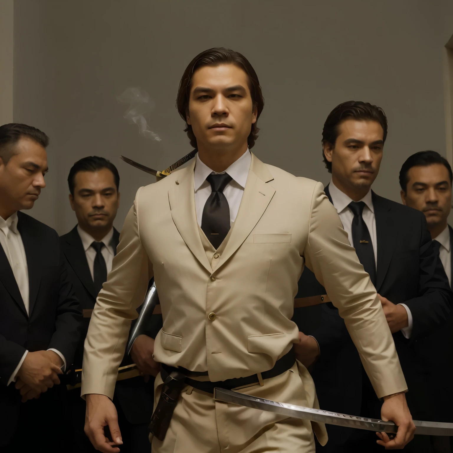 obra de arte, melhor qualidade um homem de terno  fumando charuto, with a katana with detailed hilt in the realistic left hand, several men in suits with katana behind him