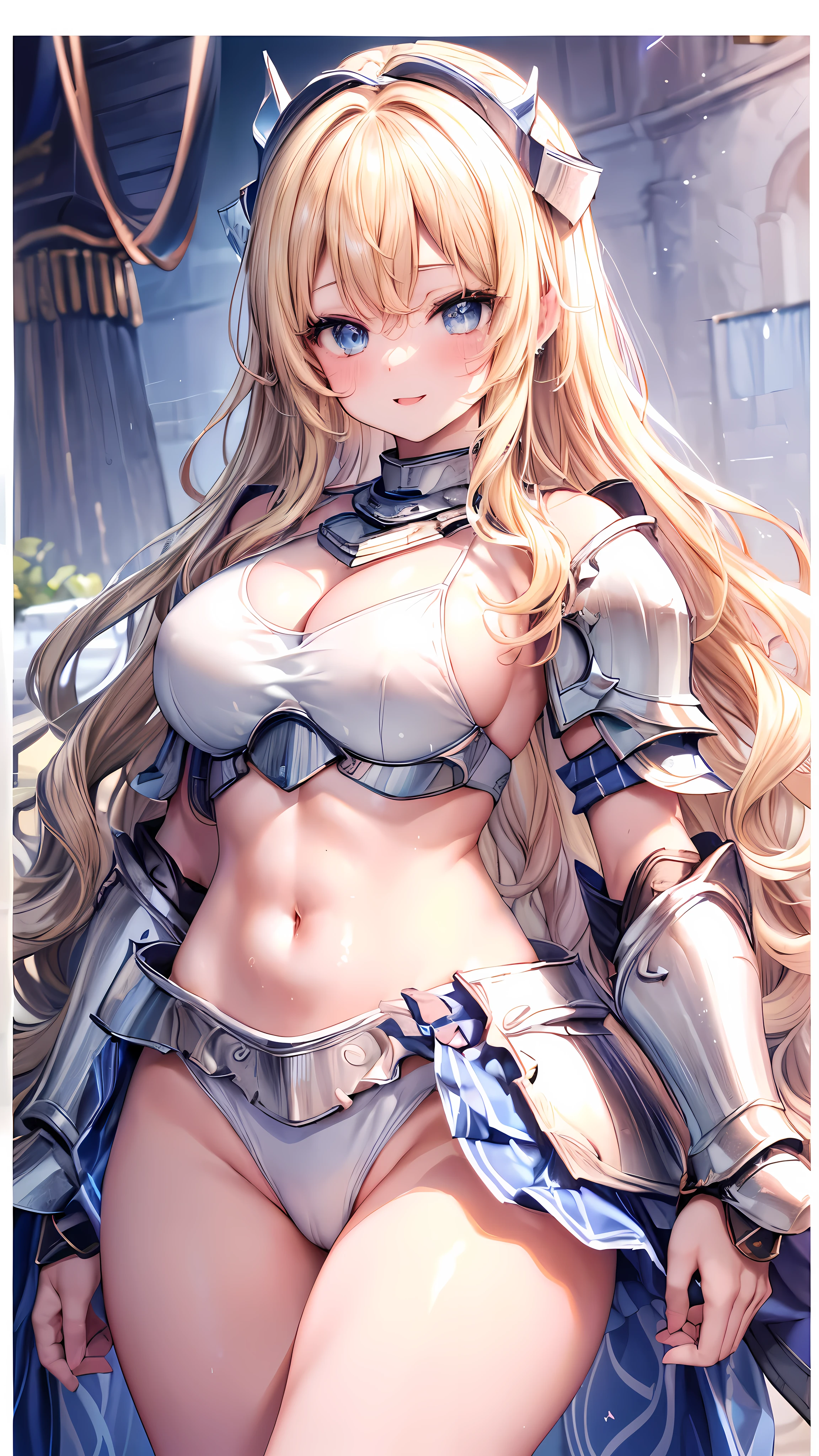 Very detailed、highest quality、Best image quality、masterpiece、8k、Anime Face、A kind smile、Open your mouth、Sparkling blue eyes、(Blonde wavy hair:1.5)、、Muscles of the whole body、camisole、Thigh belt、mini skirt、(Wearing white bikini armor:1.5)、(Cowboy Shot:1.5)、(Leg armor:1.5)