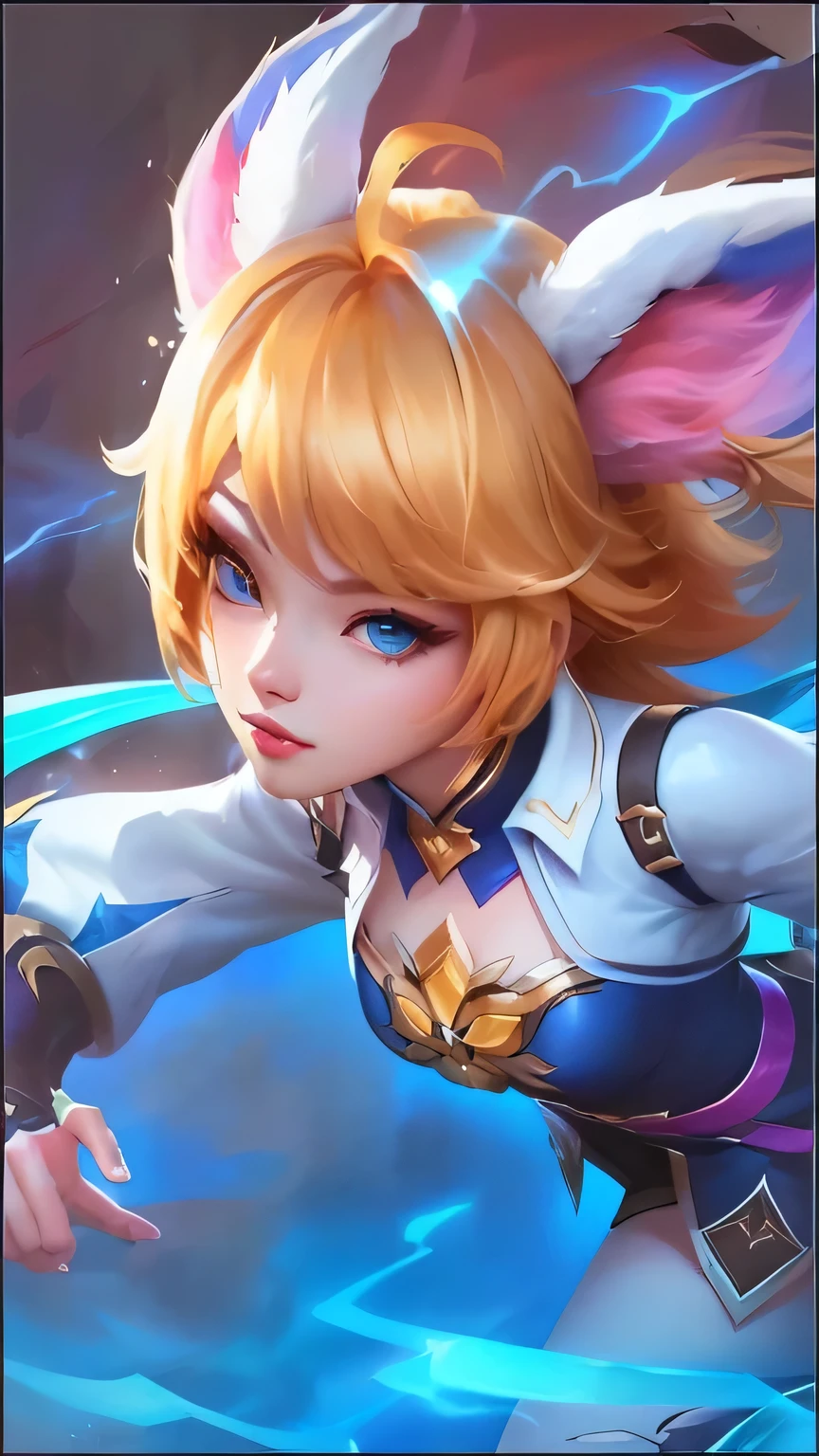a close up of a woman with blonde hair and blue eyes, mobile legends, portrait knights of zodiac girl, yun ling, inspired by Leng Mei, seraphine ahri kda, zenra taliyah, orianna, kda, mobile wallpaper, official splash art, extremely detailed artgerm, inspired by Pu Hua, portrait of ahri, wild rift