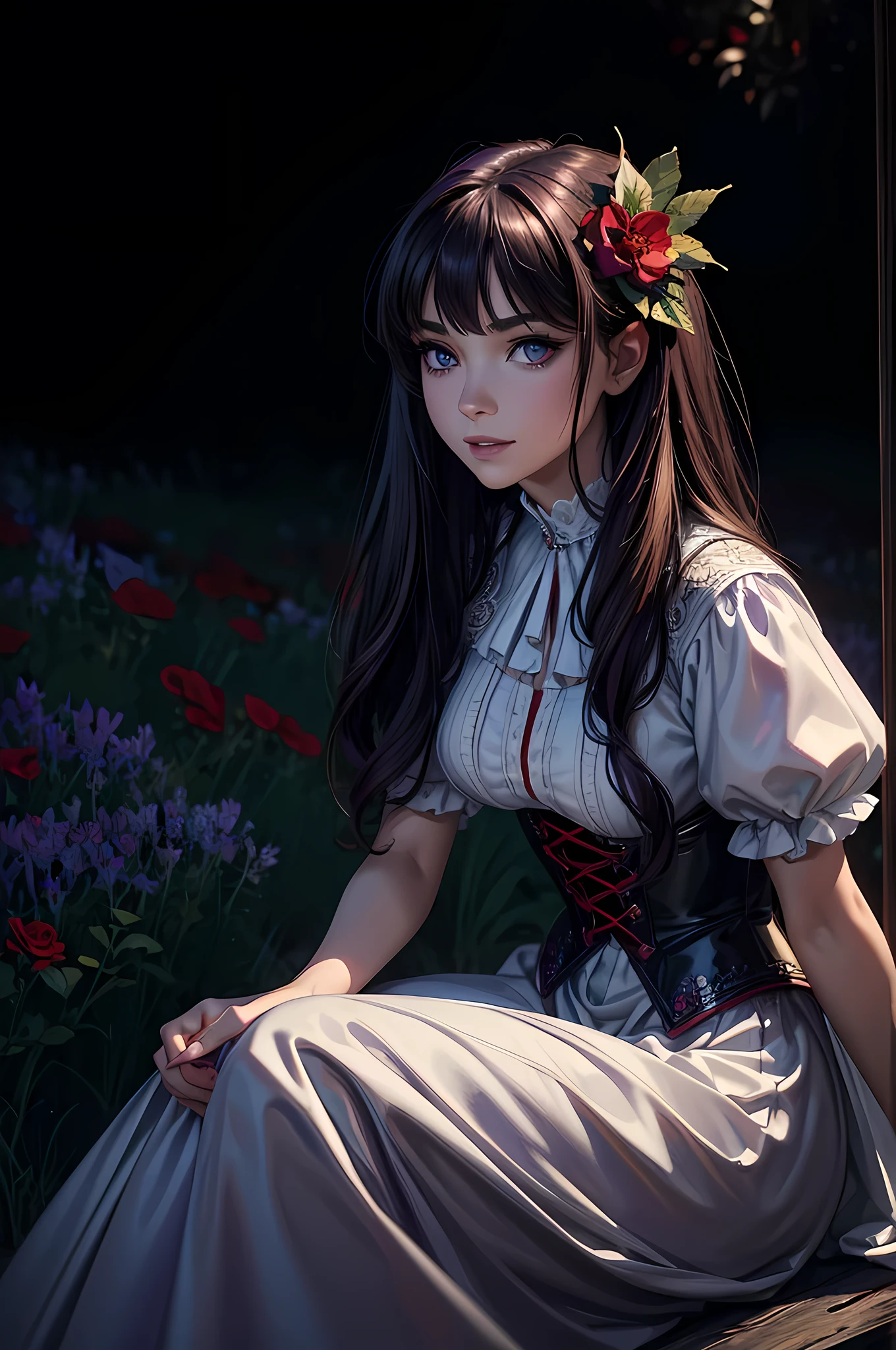 high details, best quality, 16k, RAW, [best detailed], masterpiece, best quality, (extremely detailed), full body, ultra wide shot, photorealistic, dark fantasy art, goth art, RPG art, D&D art, a picture of a dark female fairy resting in a flower meadow, extremely beautiful fairy, ultra feminine (intense details, Masterpiece, best quality), best detailed face (intense details, Masterpiece, best quality), having wide butterfly wings butterfly_wings, spread butterfly wings (intense details, Masterpiece, best quality: 1.3), (purple: 1.5) colors wings (intense details, Masterpiece, best quality), (dark red) hair, long hair, shinning hair, flowing hair, shy smile, innocent smile, (blue: 1.3) eyes, dark blue lips, wearing (white: 1.3) dress latex corset (intense details, Masterpiece, best quality), dynamic elegant shirt, chocker, wearing (red: 1.3) high heels, in various shades of red colored flower meadow (intense details, Masterpiece, best quality), (red flowers: 1.2) , (black flowers: 1.2), (white flowers: 1.2), (blue flowers: 1.3) [extreme many flowers] (intense details, Masterpiece, best quality), dark colorful flowers (intense details, Masterpiece, best quality), flower meadow in a dark goth field background, night time, moon rising, dim light, cinematic light, High Detail, Ultra High Quality, High Resolution, 16K Resolution, Ultra HD Pictures, 3D rendering Ultra Realistic, Clear Details, Realistic Detail, Ultra High Definition, #chinese cloth, dungeons and dragons, DonMDr4g0nXL