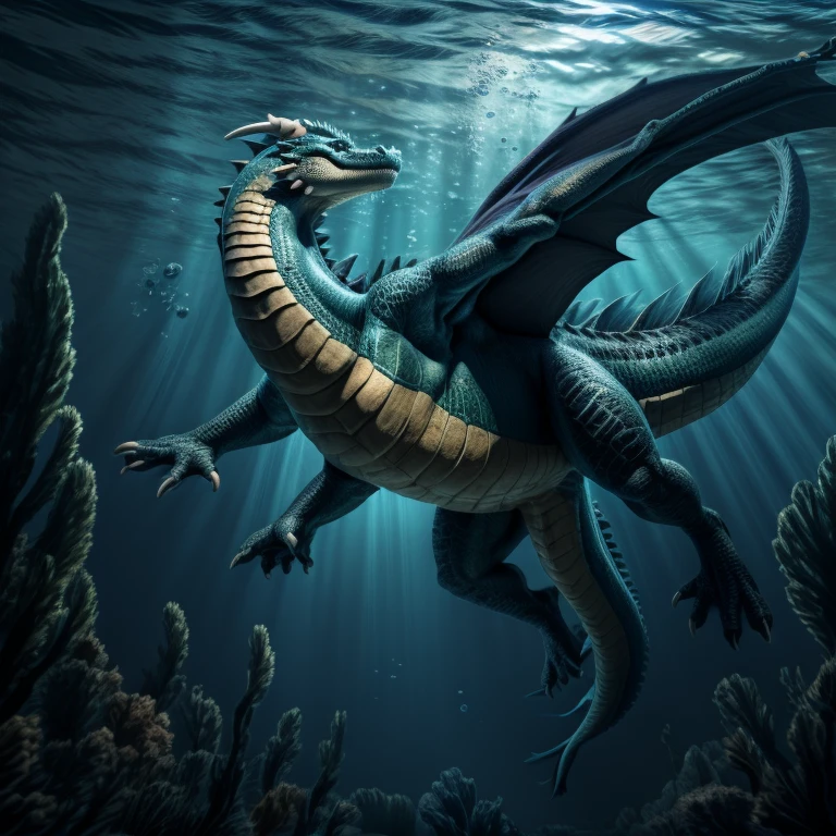 Underwater, deep underwater, aquatic dragon swimming overhead, looking at dragon from below, body like an alligator, large powerful tail, swimming with tail, side view, full body