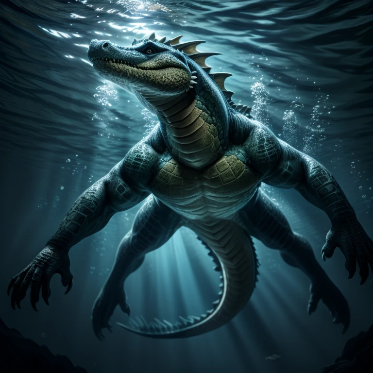 Underwater, deep underwater, aquatic dragon swimming overhead, looking at dragon from below, body like an alligator, large powerful tail, swimming with tail, side view, full body
