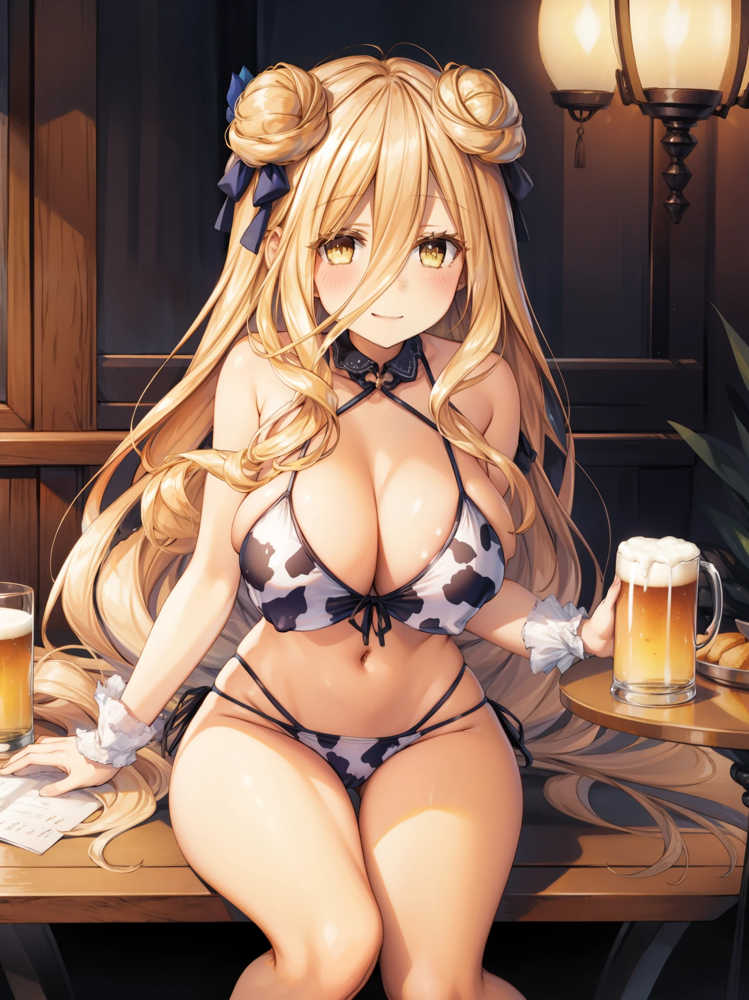 (masterpiece, best quality) ,(textile shading) ,BREAK ((1girl))), BREAK ( cleavage), ((giant )), BREAK ((beautiful eyes, yellow_eyes)), BREAK ((very long hair)), (blonde_hair), ((double_bun)), ((hair between eyes)), BREAK ((cowprint bikini,thighhigs)), ((wide thighs)), BREAK ((happy)), BREAK ((on the beach)), ((sits at a wooden table and drinks beer)), 
