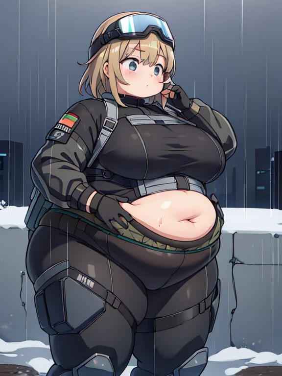 Massively obese orange tactical soldier girl, fat rolls, short hair, dark hair, (obese belly):1.5, (obese thighs):1.3, (transparent bodysuit):1.3, pudgy, tired, sleepy, (soldier helmet):1.2 extremely chubby, BREAK cityscape, Smokey sky, night sky