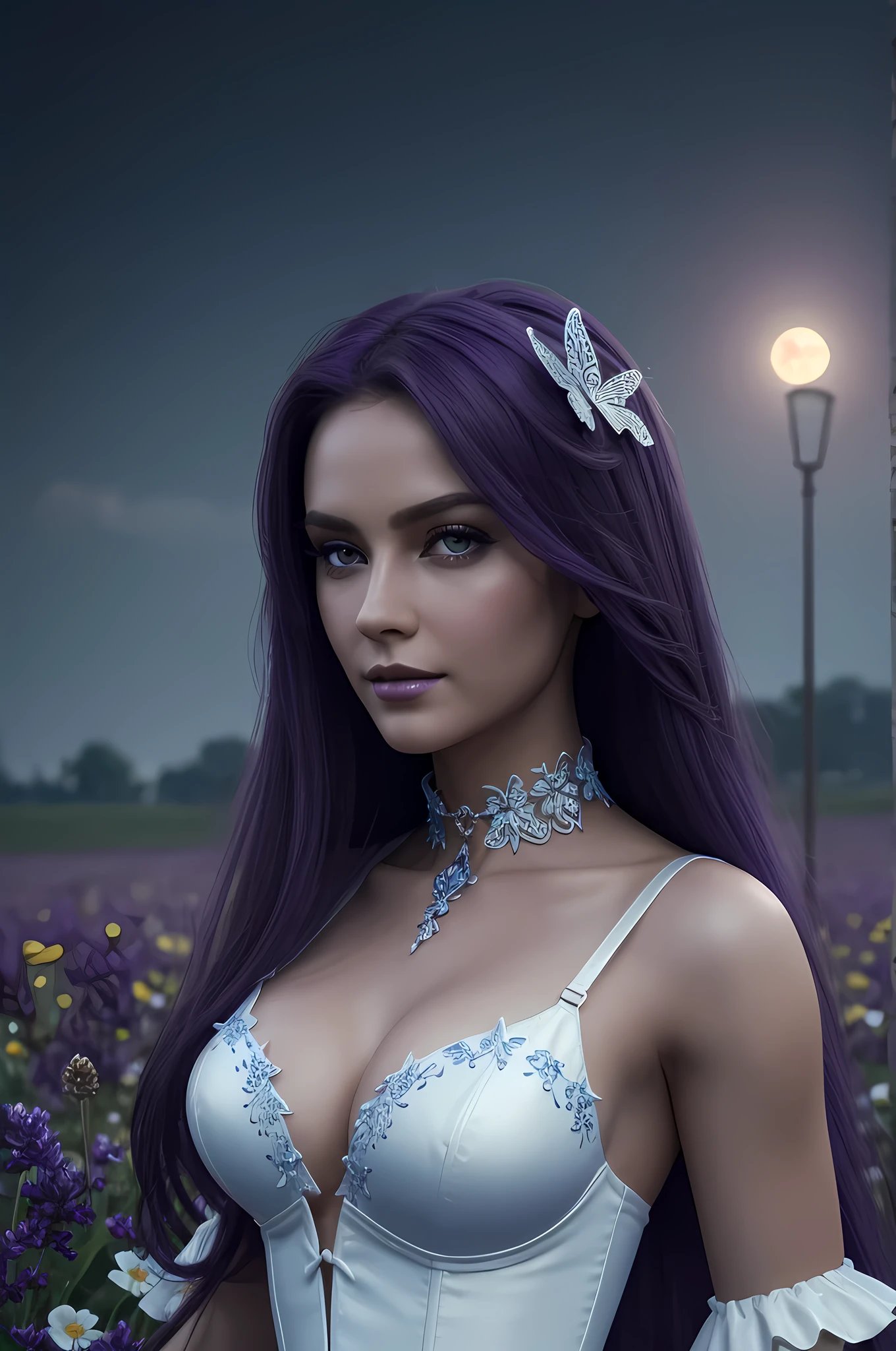 high details, best quality, 16k, RAW, [best detailed], masterpiece, best quality, (extremely detailed), full body, ultra wide shot, photorealistic, dark fantasy art, goth art, RPG art, D&D art, a picture of a dark female fairy resting in a flower meadow, extremely beautiful fairy, ultra feminine (intense details, Masterpiece, best quality), best detailed face (intense details, Masterpiece, best quality), having wide butterfly wings butterfly_wings, spread butterfly wings (intense details, Masterpiece, best quality: 1.3), (purple: 1.5) colors wings (intense details, Masterpiece, best quality), (dark red) hair, long hair, shinning hair, flowing hair, shy smile, innocent smile, (blue: 1.3) eyes, dark blue lips, wearing (white: 1.3) dress latex corset (intense details, Masterpiece, best quality), dynamic elegant shirt, chocker, wearing (red: 1.3) high heels, in various shades of red colored flower meadow (intense details, Masterpiece, best quality), (red flowers: 1.2) , (black flowers: 1.2), (white flowers: 1.2), (blue flowers: 1.3) [extreme many flowers] (intense details, Masterpiece, best quality), dark colorful flowers (intense details, Masterpiece, best quality), flower meadow in a dark goth field background, night time, moon rising, dim light, cinematic light, High Detail, Ultra High Quality, High Resolution, 16K Resolution, Ultra HD Pictures, 3D rendering Ultra Realistic, Clear Details, Realistic Detail, Ultra High Definition, #chinese cloth, dungeons and dragons, DonMDr4g0nXL