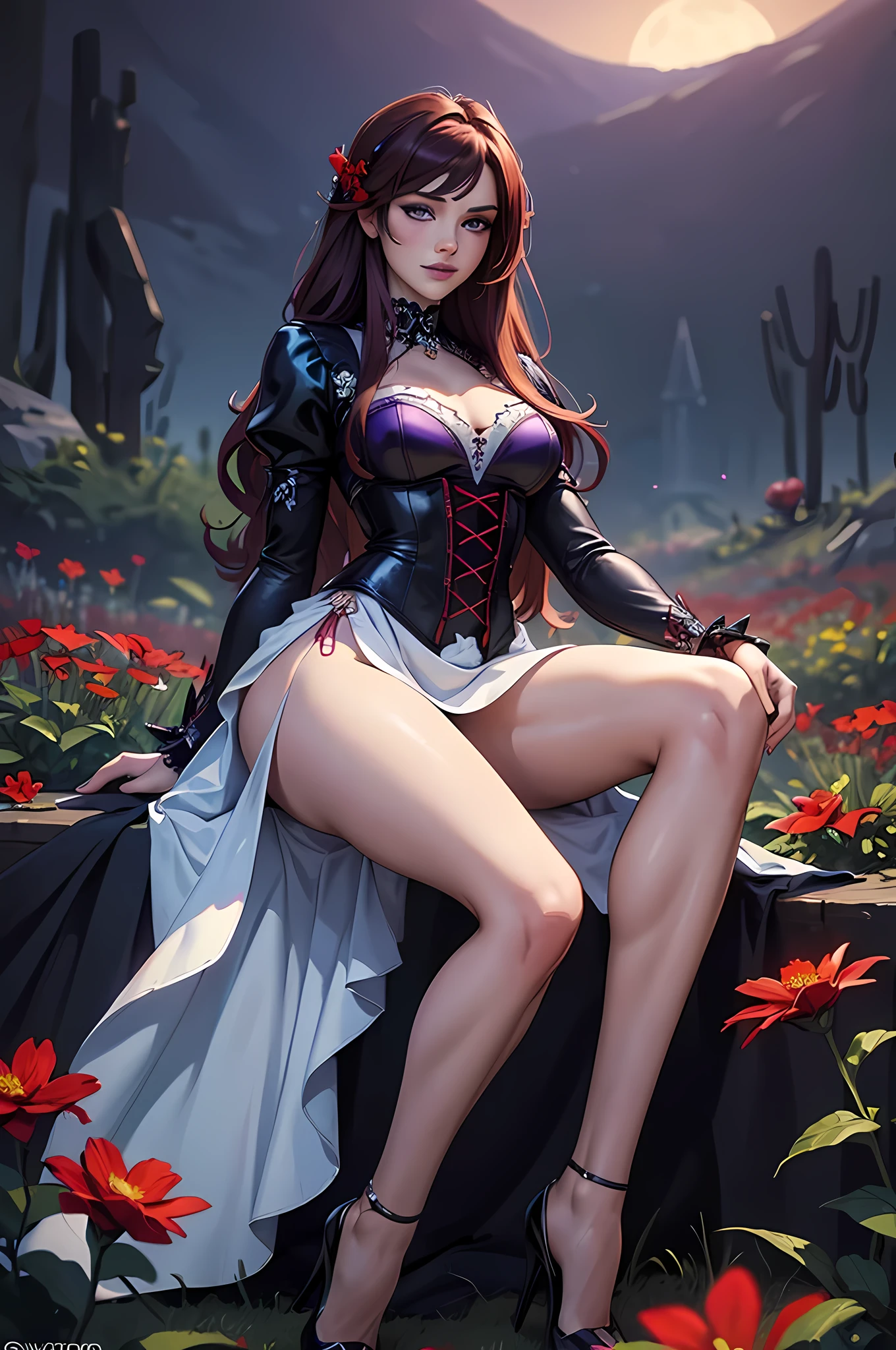 high details, best quality, 16k, RAW, [best detailed], masterpiece, best quality, (extremely detailed), full body, ultra wide shot, photorealistic, dark fantasy art, goth art, RPG art, D&D art, a picture of a dark female fairy resting in a flower meadow, extremely beautiful fairy, ultra feminine (intense details, Masterpiece, best quality), best detailed face (intense details, Masterpiece, best quality), having wide butterfly wings butterfly_wings, spread butterfly wings (intense details, Masterpiece, best quality: 1.3), (purple: 1.5) colors wings (intense details, Masterpiece, best quality), (dark red) hair, long hair, shinning hair, flowing hair, shy smile, innocent smile, (blue: 1.3) eyes, dark blue lips, wearing (white: 1.3) dress latex corset (intense details, Masterpiece, best quality), dynamic elegant shirt, chocker, wearing (red: 1.3) high heels, in various shades of red colored flower meadow (intense details, Masterpiece, best quality), (red flowers: 1.2) , (black flowers: 1.2), (white flowers: 1.2), (blue flowers: 1.3) [extreme many flowers] (intense details, Masterpiece, best quality), dark colorful flowers (intense details, Masterpiece, best quality), flower meadow in a dark goth field background, night time, moon rising, dim light, cinematic light, High Detail, Ultra High Quality, High Resolution, 16K Resolution, Ultra HD Pictures, 3D rendering Ultra Realistic, Clear Details, Realistic Detail, Ultra High Definition, #chinese cloth, dungeons and dragons, DonMDr4g0nXL