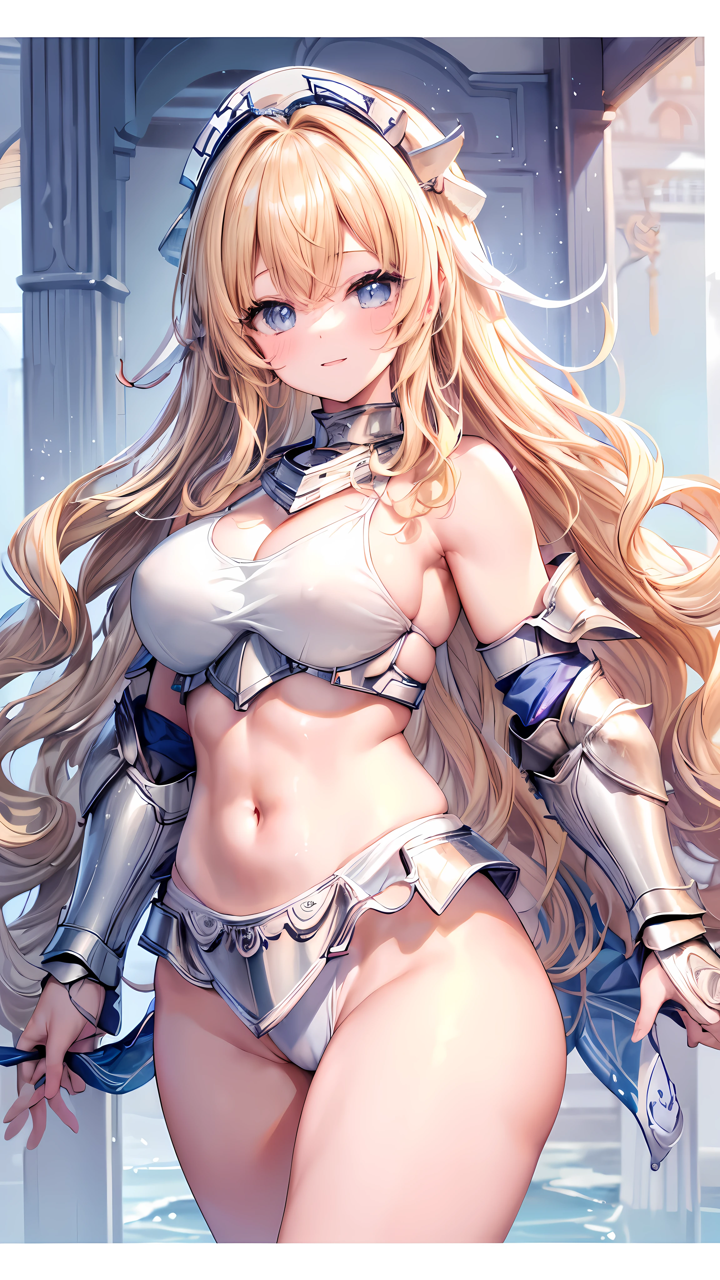Very detailed、highest quality、Best image quality、masterpiece、8k、Anime Face、A kind smile、Open your mouth、Sparkling blue eyes、(Blonde wavy hair:1.5)、、Muscles of the whole body、camisole、Thigh belt、mini skirt、(Wearing white bikini armor:1.5)、(Cowboy Shot:1.5)、(Leg armor:1.5)