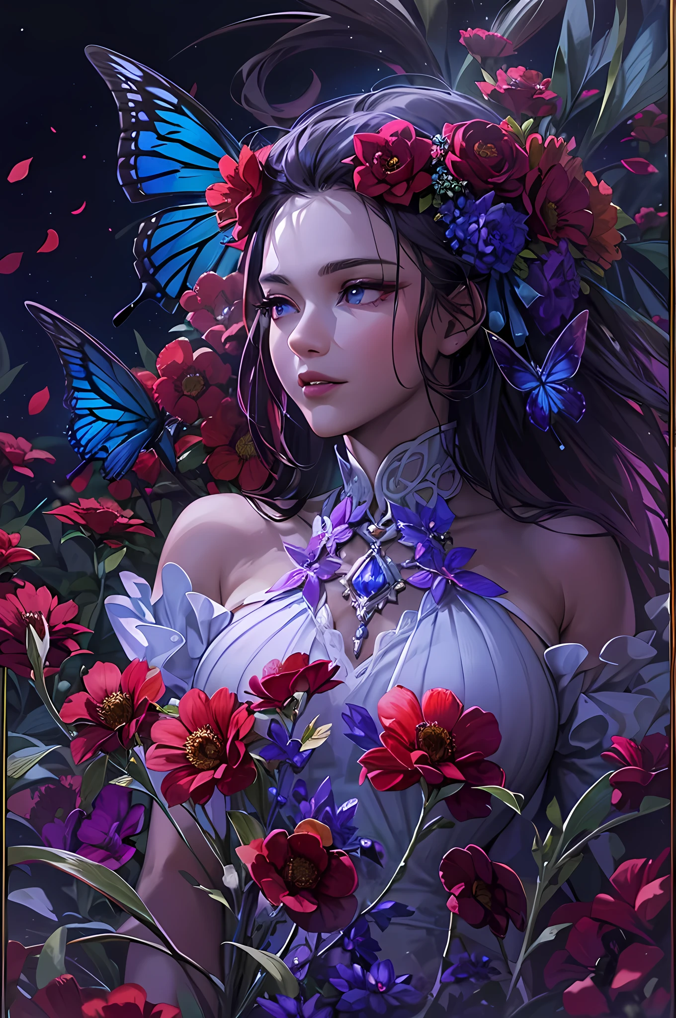 high details, best quality, 16k, RAW, [best detailed], masterpiece, best quality, (extremely detailed), full body, ultra wide shot, photorealistic, dark fantasy art, goth art, RPG art, D&D art, a picture of a dark female fairy resting in a flower meadow, extremely beautiful fairy, ultra feminine (intense details, Masterpiece, best quality), best detailed face (intense details, Masterpiece, best quality), having wide butterfly wings butterfly_wings, spread butterfly wings (intense details, Masterpiece, best quality: 1.3), (purple: 1.5) colors wings (intense details, Masterpiece, best quality), (dark red) hair, long hair, shinning hair, flowing hair, shy smile, innocent smile, (blue: 1.3) eyes, dark blue lips, wearing (white: 1.3) dress latex corset (intense details, Masterpiece, best quality), dynamic elegant shirt, chocker, wearing (red: 1.3) high heels, in various shades of red colored flower meadow (intense details, Masterpiece, best quality), (red flowers: 1.2) , (black flowers: 1.2), (white flowers: 1.2), (blue flowers: 1.3) [extreme many flowers] (intense details, Masterpiece, best quality), dark colorful flowers (intense details, Masterpiece, best quality), flower meadow in a dark goth field background, night time, moon rising, dim light, cinematic light, High Detail, Ultra High Quality, High Resolution, 16K Resolution, Ultra HD Pictures, 3D rendering Ultra Realistic, Clear Details, Realistic Detail, Ultra High Definition, #chinese cloth, dungeons and dragons, DonMDr4g0nXL