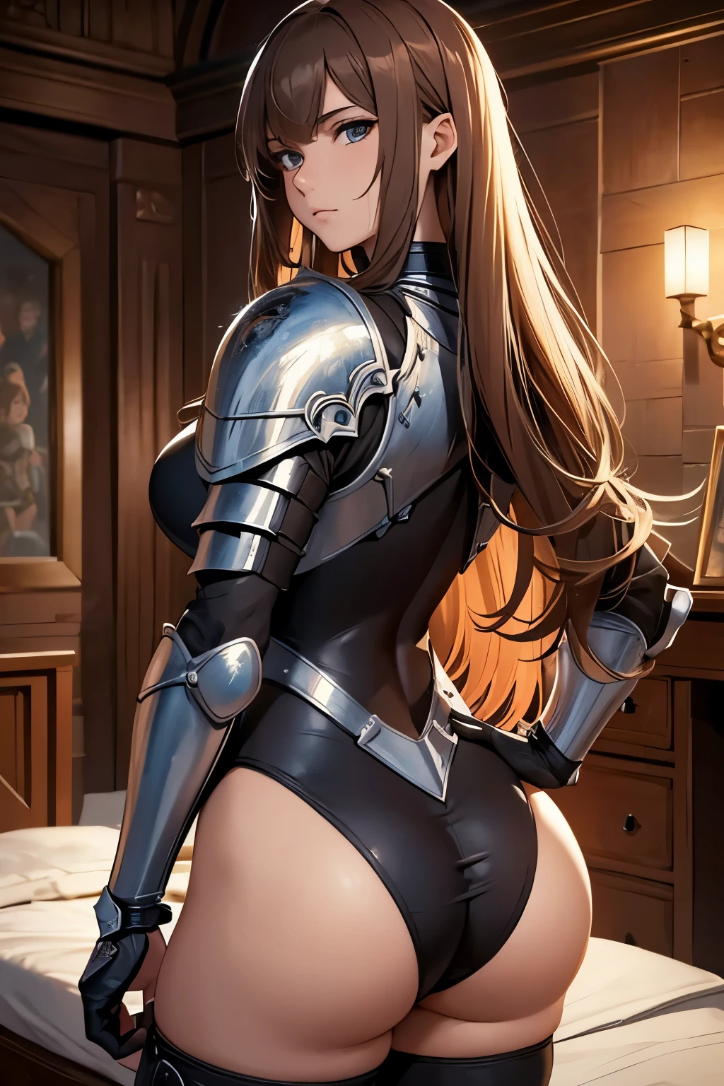 ((best quality)), ((masterpiece)), (detailed), perfect faces, detailed, high quality, a 23 year old female knight having brown shoulder long hair wearing a armored steel leotard being held from behind by a brute male guard inside a medieval bedroom at night, anime, colorful,
