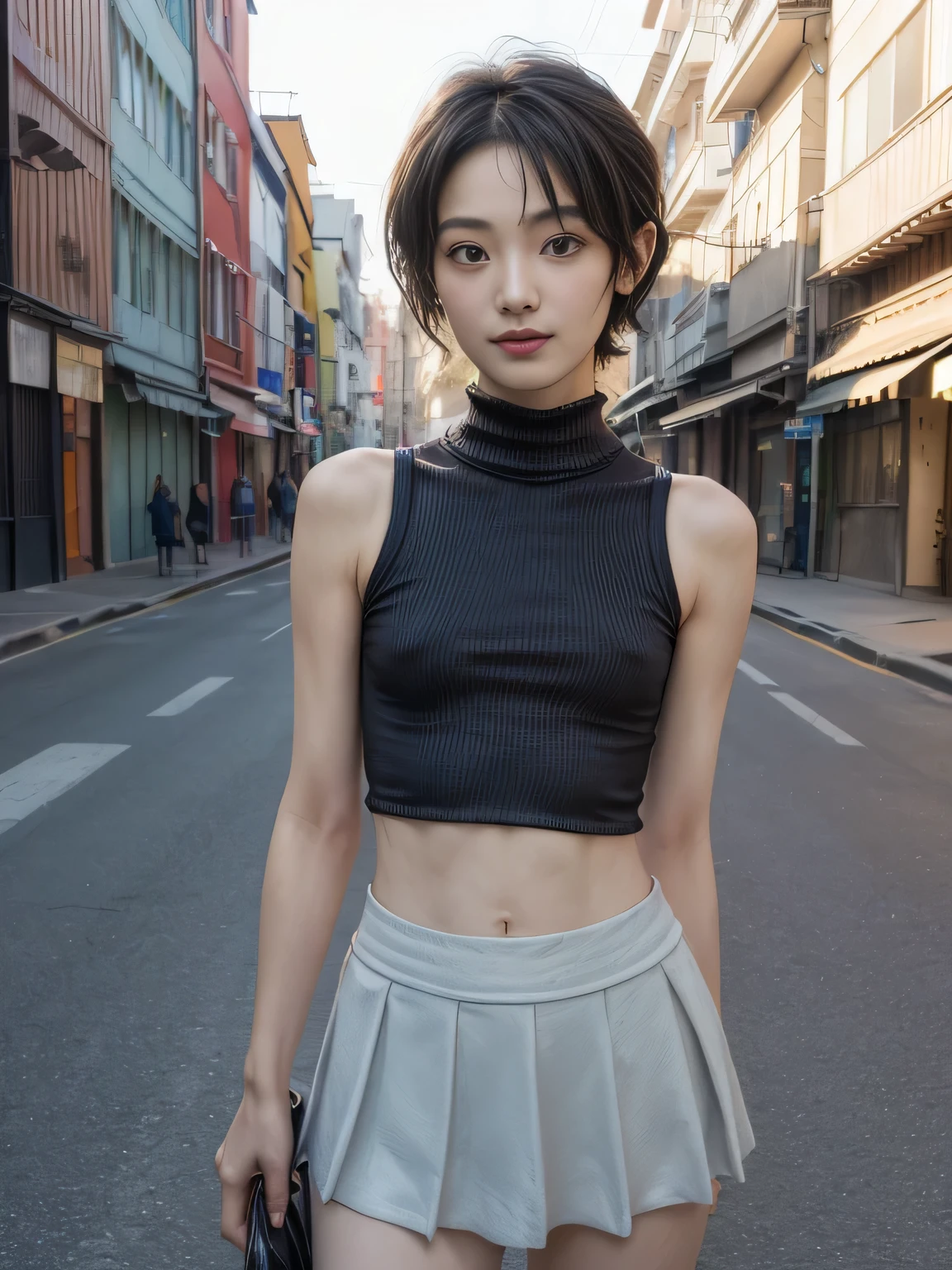 masterpiece、8K、32K、top-quality、(A detailed eye)、(A cute Japanese woman)、23years old、(2 girls in:1.4)、elegent、(Detailed background depiction),(pastel Sportsbra:1.2), BREAK (miniskirt:1.3)、Japan alley、is standing、Sunlight、during daytime、(smile:1.2)、(cowboy shot),(braless:1.4),(slender body:1.5),(Black short wavy pixie hair over one eye:1.3),cleavage,Glasses