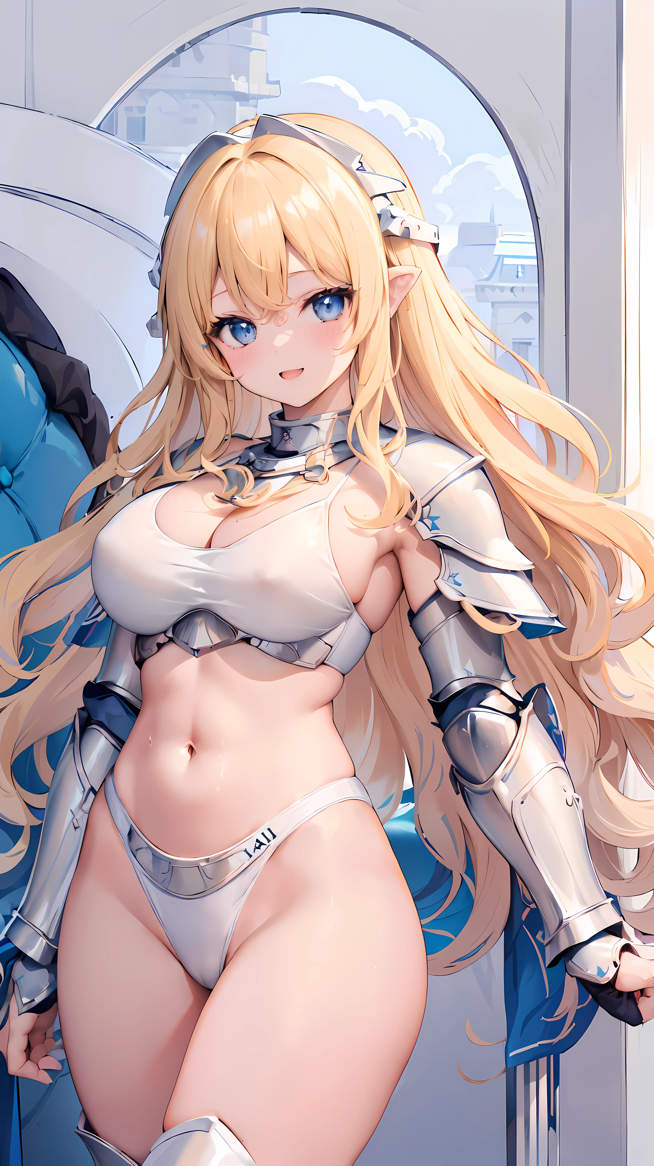 Very detailed、highest quality、Best image quality、masterpiece、8k、Anime Face、A kind smile、Open your mouth、Sparkling blue eyes、(Blonde wavy hair:1.5)、、Muscles of the whole body、camisole、Thigh belt、mini skirt、(Wearing white bikini armor:1.5)、(Cowboy Shot:1.5)、(Leg armor:1.5)