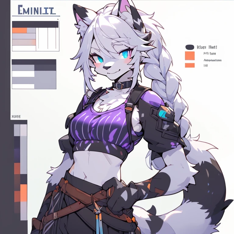 ( Absurdly , High quality , ultra detailed ) ,( hand detailed ) , 1girl, solo, mature, , (concept art, character sheet),absurdres(highly detailed beautiful face and eyes)perfect anatomySolo, sfw, Young Female white fox-cat (((lean-body))) (((medium breasts))) (short snout),(((fur (black stripe) between neck and shoulder towards chest))) ((fur (black stripes) on waist))(ears are darker), (heterochromia (orange, violet)), (cat tail (black at end)), (white hair (single-braided)), (fantasy adventure type clothing ((violet shirt (crop top))), (navy-blue belt) khaki pants)), happy ((looking at viewer)) ((Female wolf)) (detailed eyes) (clevedge, (collarbone, shoulders), (solo, (1girl)) ((((fluffy white fur)))) ((extremely detailed fur)) (violet crop top) ((hair in face)) (big braid), sfw, (thin long tail) (heterochromia) (extremely detailed eyes) joyful (concept art, character sheet)