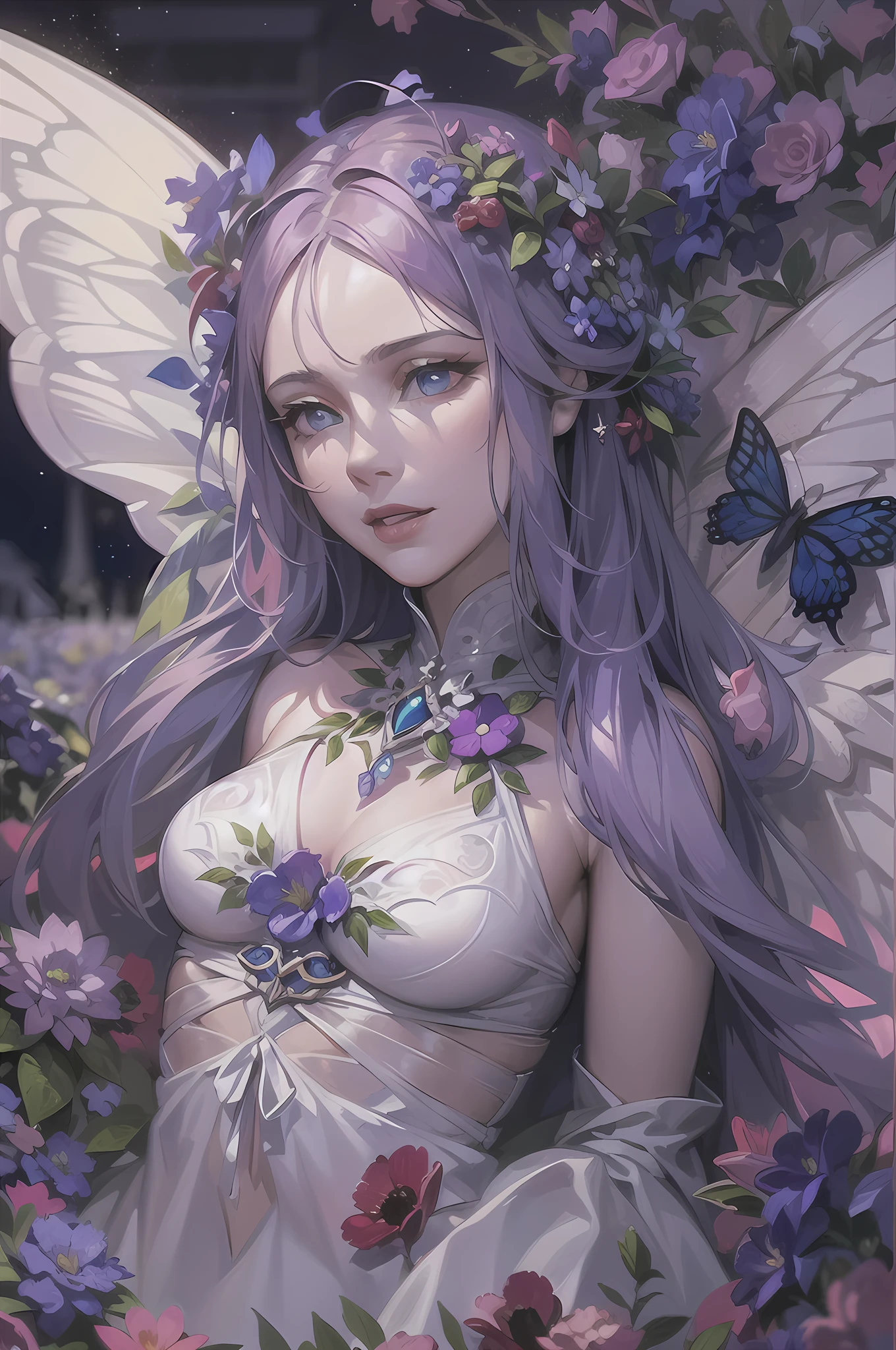 high details, best quality, 16k, RAW, [best detailed], masterpiece, best quality, (extremely detailed), full body, ultra wide shot, photorealistic, dark fantasy art, goth art, RPG art, D&D art, a picture of a dark female fairy resting in a flower meadow, extremely beautiful fairy, ultra feminine (intense details, Masterpiece, best quality), best detailed face (intense details, Masterpiece, best quality), having wide butterfly wings butterfly_wings, spread butterfly wings (intense details, Masterpiece, best quality: 1.3), (purple: 1.5) colors wings (intense details, Masterpiece, best quality), (dark red) hair, long hair, shinning hair, flowing hair, shy smile, innocent smile, (blue: 1.3) eyes, dark blue lips, wearing (white: 1.3) dress latex corset (intense details, Masterpiece, best quality), dynamic elegant shirt, chocker, wearing (red: 1.3) high heels, in various shades of red colored flower meadow (intense details, Masterpiece, best quality), (red flowers: 1.2) , (black flowers: 1.2), (white flowers: 1.2), (blue flowers: 1.3) [extreme many flowers] (intense details, Masterpiece, best quality), dark colorful flowers (intense details, Masterpiece, best quality), flower meadow in a dark goth field background, night time, moon rising, dim light, cinematic light, High Detail, Ultra High Quality, High Resolution, 16K Resolution, Ultra HD Pictures, 3D rendering Ultra Realistic, Clear Details, Realistic Detail, Ultra High Definition, #chinese cloth, dungeons and dragons, DonMDr4g0nXL