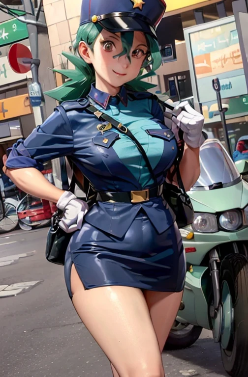 (masterpiece, best quality:1.2) officer jenny, pokemon, 1girl, solo, long hair, breasts, looking at viewer, smile, red eyes, green hair, huge breasts, green hair, white gloves, police hat, miniskirt, bag, star (symbol), uniform, blue skirt, hand on hip, blue shirt, pencil skirt, brown pantyhose, motor vehicle, ground, vehicle, police uniform, simple background, skirt suit, (((three-piece suit))), (((necktie))), blazer, (((suit jacket))), (((waistcoat))), double-breasted waistcoat, bodycon miniskirt, pencil skirt,