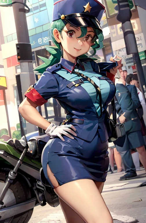 (masterpiece, best quality:1.2) officer jenny, pokemon, 1girl, solo, long hair, breasts, looking at viewer, smile, red eyes, green hair, huge breasts, green hair, white gloves, police hat, miniskirt, bag, star (symbol), uniform, blue skirt, hand on hip, blue shirt, pencil skirt, brown pantyhose, motor vehicle, ground, vehicle, police uniform, simple background, skirt suit, (((three-piece suit))), (((necktie))), blazer, (((suit jacket))), (((waistcoat))), double-breasted waistcoat, bodycon miniskirt, pencil skirt,