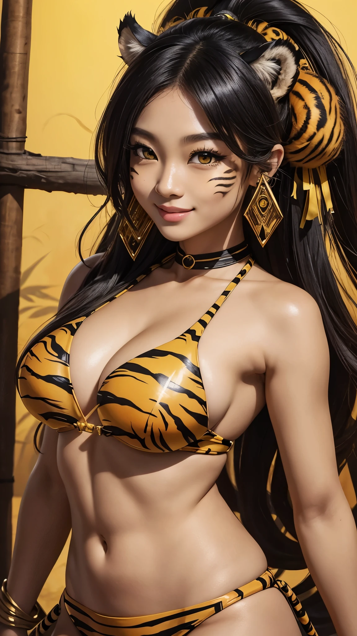 Ink Painting、8k、She is 20 years old and is a tiger beastman.。Yellow tiger eye、Beautiful Face、Yellow skin、Beautiful Skin、smile、Tiger print bikini、Tiger print hair、Minimum、Chibi、