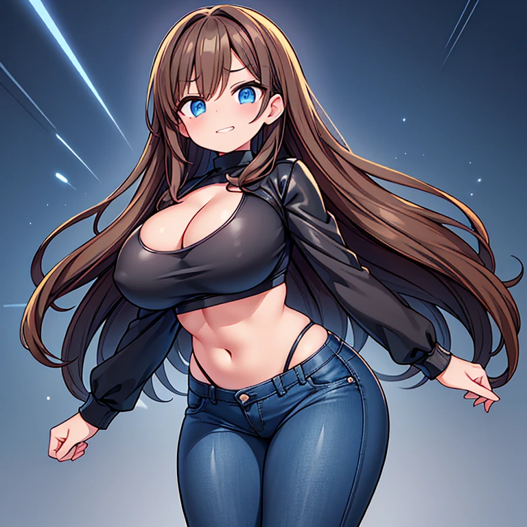 A Gorgeous Cute Girl, Extremely Excessively Big Breasted, Absurdly Enormous Butt, Colossal Thighs, Overwhelmingly Large Breasts, (Lush, Long Dark-Brown Hair), Big Beautiful Blue Eyes, wearing a worn Black-Leather-Jacket over her (Dark-Blue Spandex Crop top), and (heavily worn Jeans), with a Embarrassed expression, and a soft grin, big cleavage,