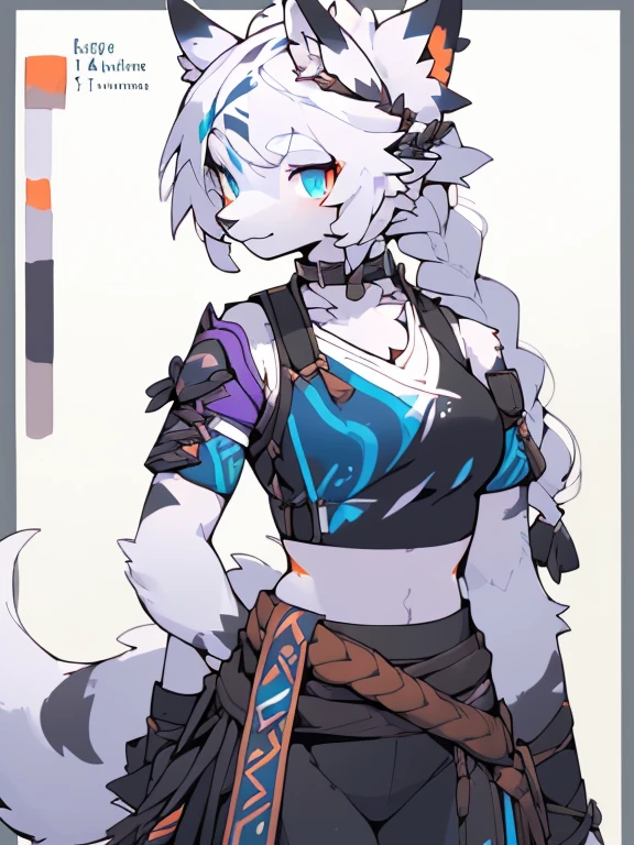 ( Absurdly , High quality , ultra detailed ) ,( hand detailed ) , 1girl, solo, mature, (concept art, character sheet), absurdres(highly detailed beautiful face and eyes)perfect anatomy Solo, sfw, Young Female white fox-cat (((lean-body))) (((medium breasts))) (short snout),(((fur (black stripe) between neck and shoulder towards chest))) ((fur (black stripes) on waist))(ears are darker), (heterochromia (orange, violet)), (cat tail (black at end)), (white hair (single-braided)), (fantasy adventure type clothing ((violet shirt (crop top))), (navy-blue belt) khaki pants)), happy ((looking at viewer)) ((Female wolf)) (detailed eyes) (clevedge, (collarbone, shoulders), (solo, (1girl)) ((((fluffy white fur)))) ((extremely detailed fur)) (violet crop top) ((hair in face)) (big braid), sfw, (thin long tail) (heterochromia) (extremely detailed eyes) joyful (((concept art, character sheet))) ((adventure fantasy, snow tribal clothing))