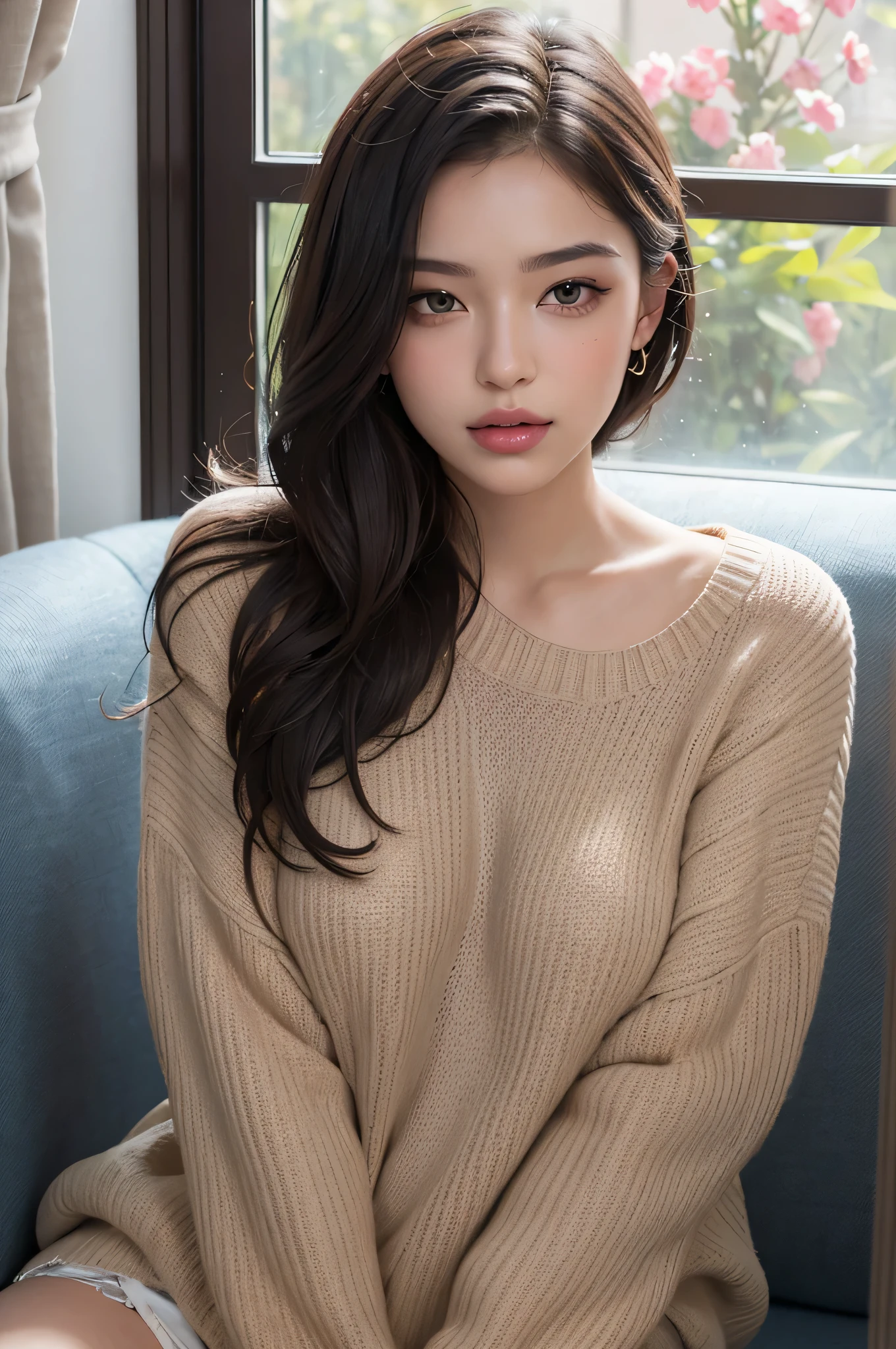 Amazing portrait of a sexy woman with a beautiful face and perfect hair wearing amazing makeup and seductively gazing and blushing intensely being ready to kiss wearing a long oversized sweater as she's sitting comfortably on couch near a window with natural light beaming through window showcasing her beautiful face as she's seductively gazing at us very seductively 