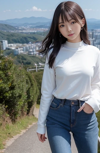 best quality, detailed, beautiful, insanely detailed, absurdres,perfect anatomy,
Japanese female,black hair,27 years old,
(slender),
(small breasts best quality),
full body shot, delightful, walking, wavy hair, white long sleeves, jeans, rucksack, japanese, on the mountain, with a hill, from above